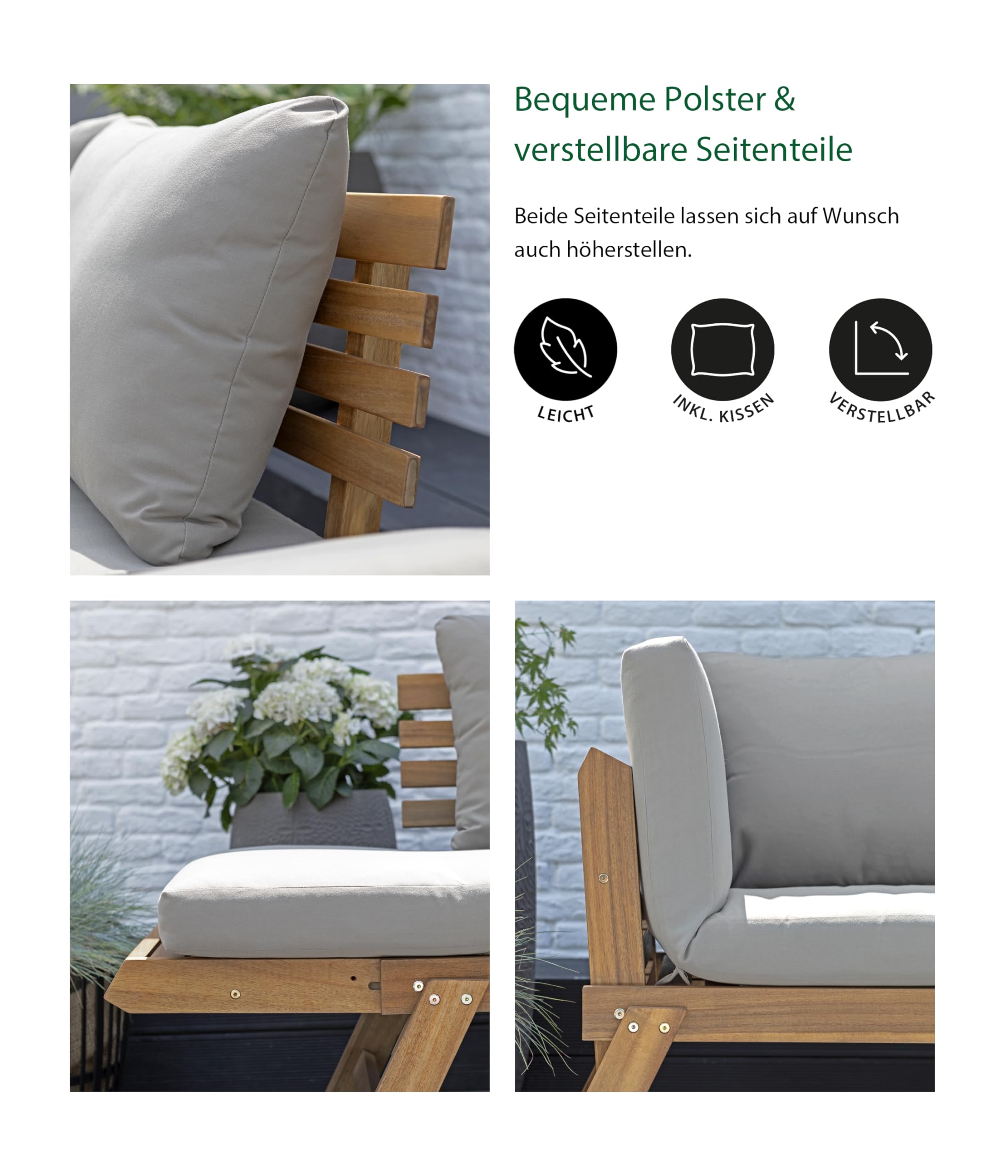 Dehner Gartenmöbel Sofa Macao, inkl. Polster, ca. 196 x 75 x 70 cm, FSC®-zertifiziertes Akazienholz/Polyester, geölt, braun/grau