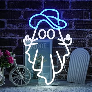 Cowboy Ghost Neon Sign For Wall Decor, USB Powered Cowboy Hat Ghost Neon Light, Halloween Horror LED Light Up Sign for Bedroom, Game Room, Home, Bar, Halloween Window Lights Decor