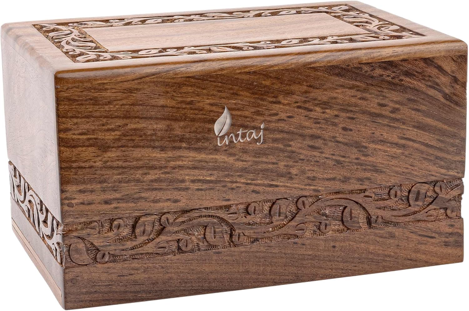 INTAJ Borders Wooden Urns for Human Ashes Adult Funeral Urn, Wooden Cremation Urns for Ashes Engraving, Wooden Box (L (11x7.5x6) 340 Cu/in, Custom Border Carved)