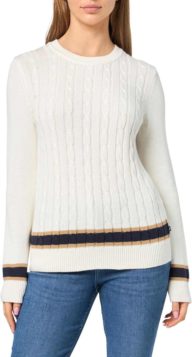Nautica Women's Solid Cable Long Sleeve Tipped Sweater