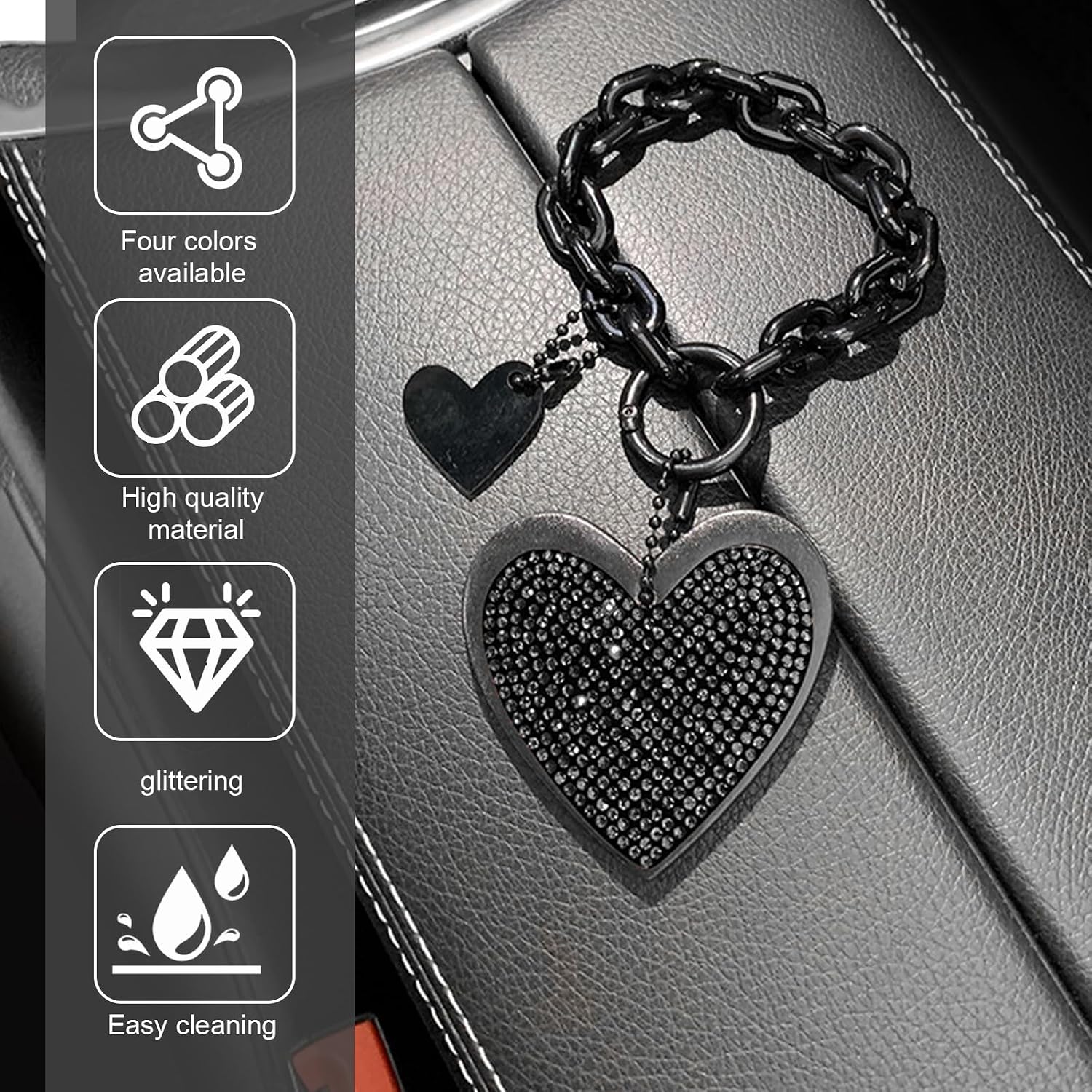 1 PC Cute Heart Keychains, Pretty Bling Key Chain Accessories, Heart Shape Key Chain with Sparkly Rhinestones for Car Keys Purse Charms Handbag Backpack Accessories (Black)
