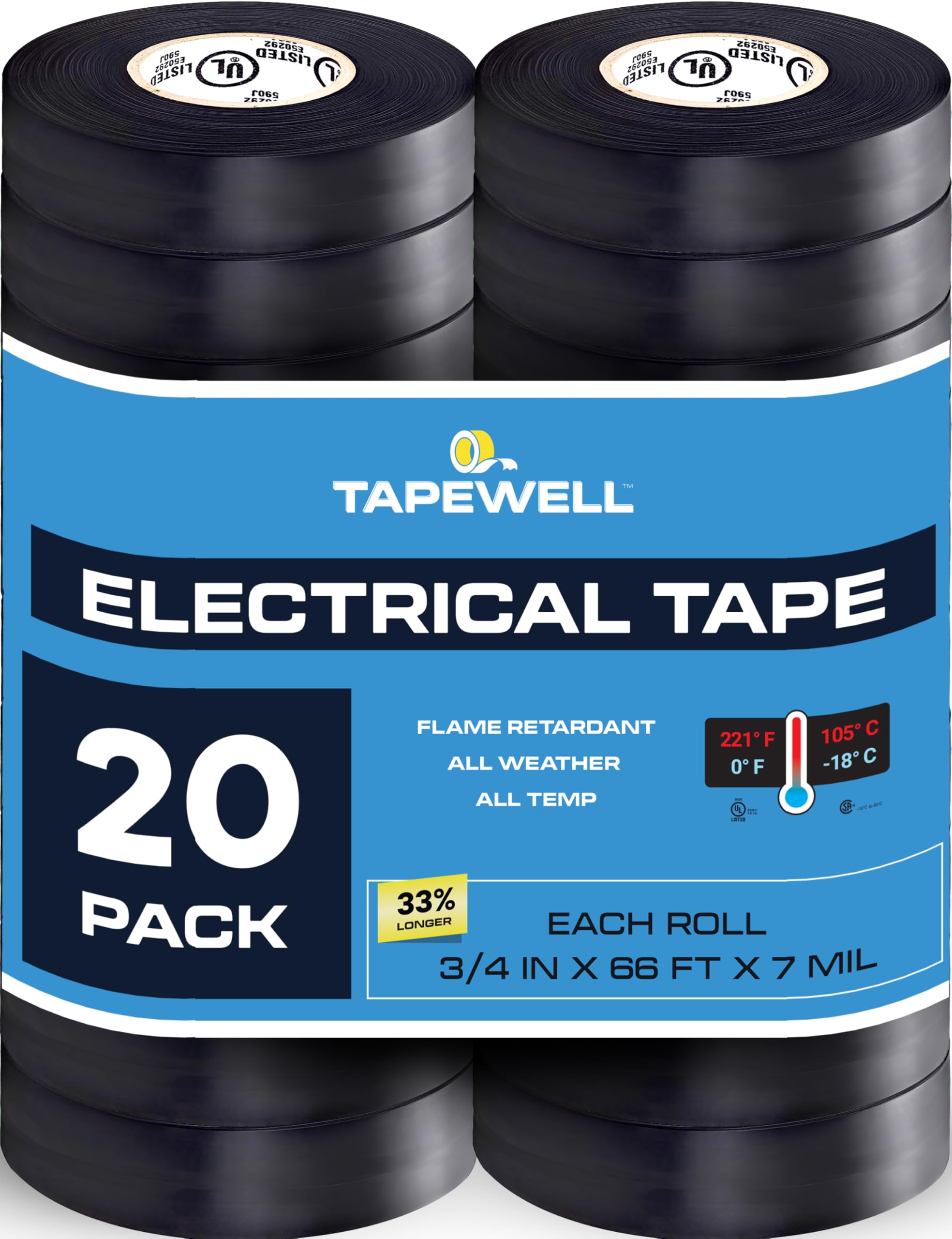 TAPEWELL Nastro elettrico nero, grado professionale 3/4 pollici x 66 piedi, nastro isolante elettrico in PVC per tutte le condizioni atmosferiche, approvato U/L, impermeabile, apparecchiature