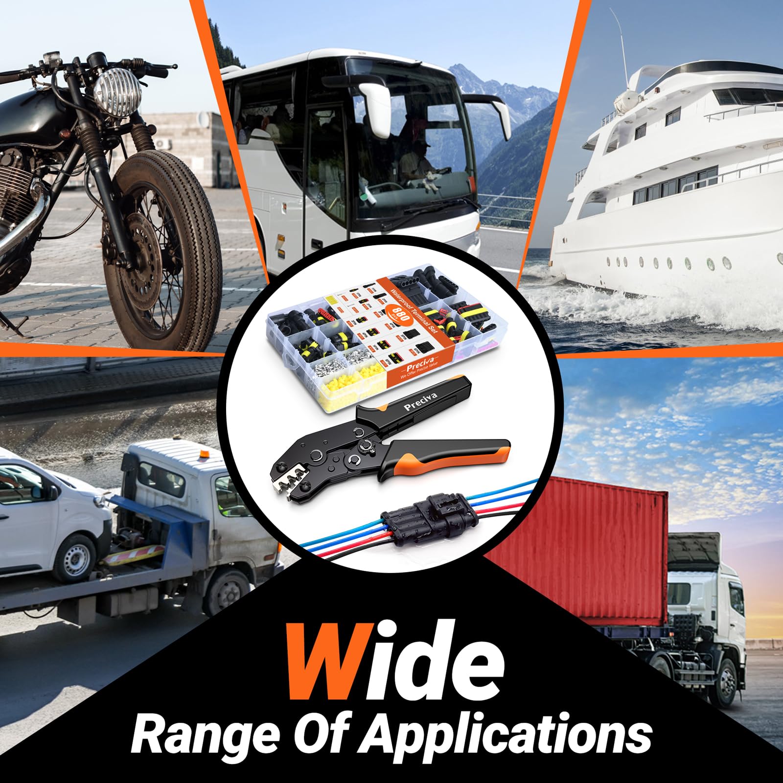 Preciva Pince à Sertir 1-2,5 mm² (AWG 18-14) avec 880 Pièces Connecteur Automobile Kit,de Connecteurs Électriques Étanches IP67, Prises 1/2/3/4/5/6 Broches pour Voiture, Moto, Bateau, Camion,Etc