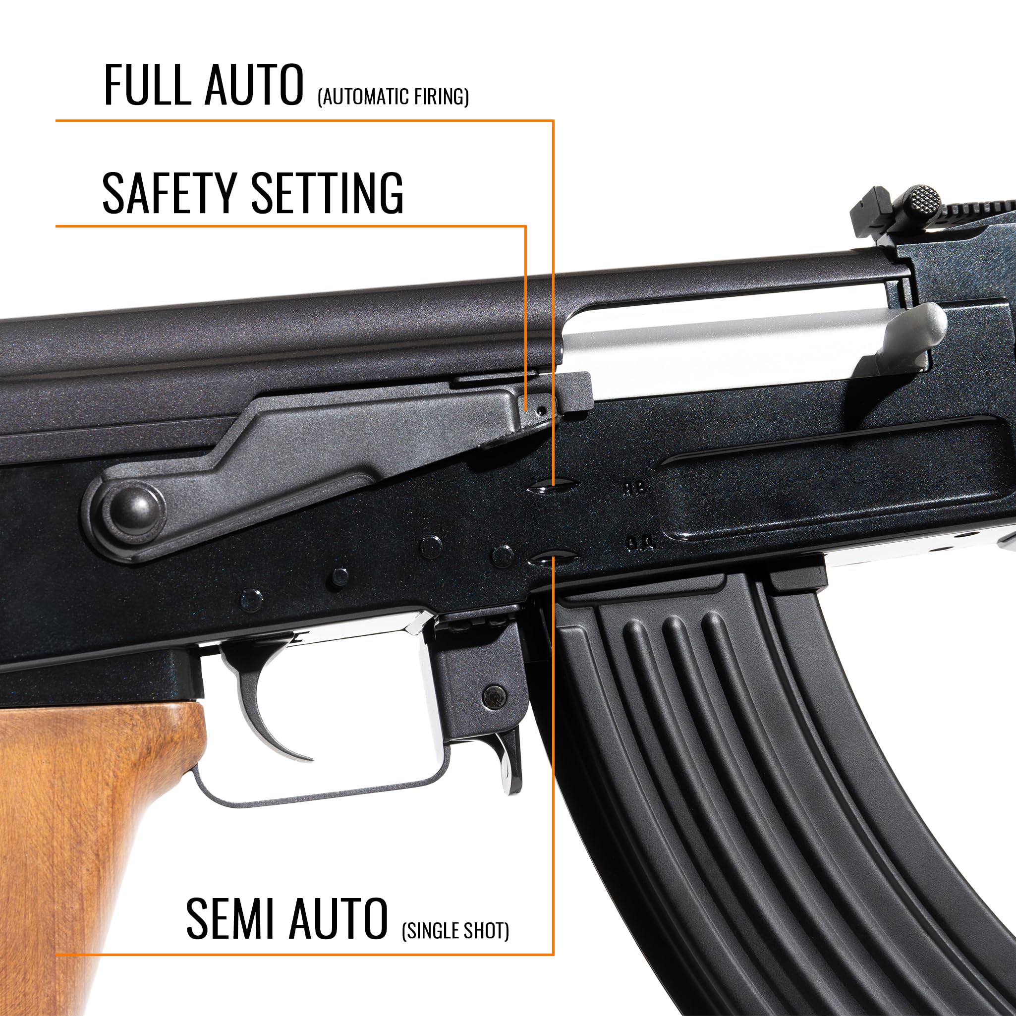 Fucile softair elettrico AK-47, POTENZA 0,9 JOULE, polimero effetto legno, gearbox metallo, caricatore 600 colpi, raffica/singolo, batteria Ni-MH 8.4V + caricabatterie inclusi