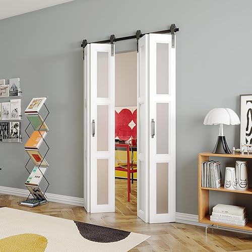 Miniatura 4 de Puerta corredera de granero biplegable de 48 pulgadas (24 x 2) x 84 pulgadas, panel de vidrio esmerilado templado de 3 litros con juego de