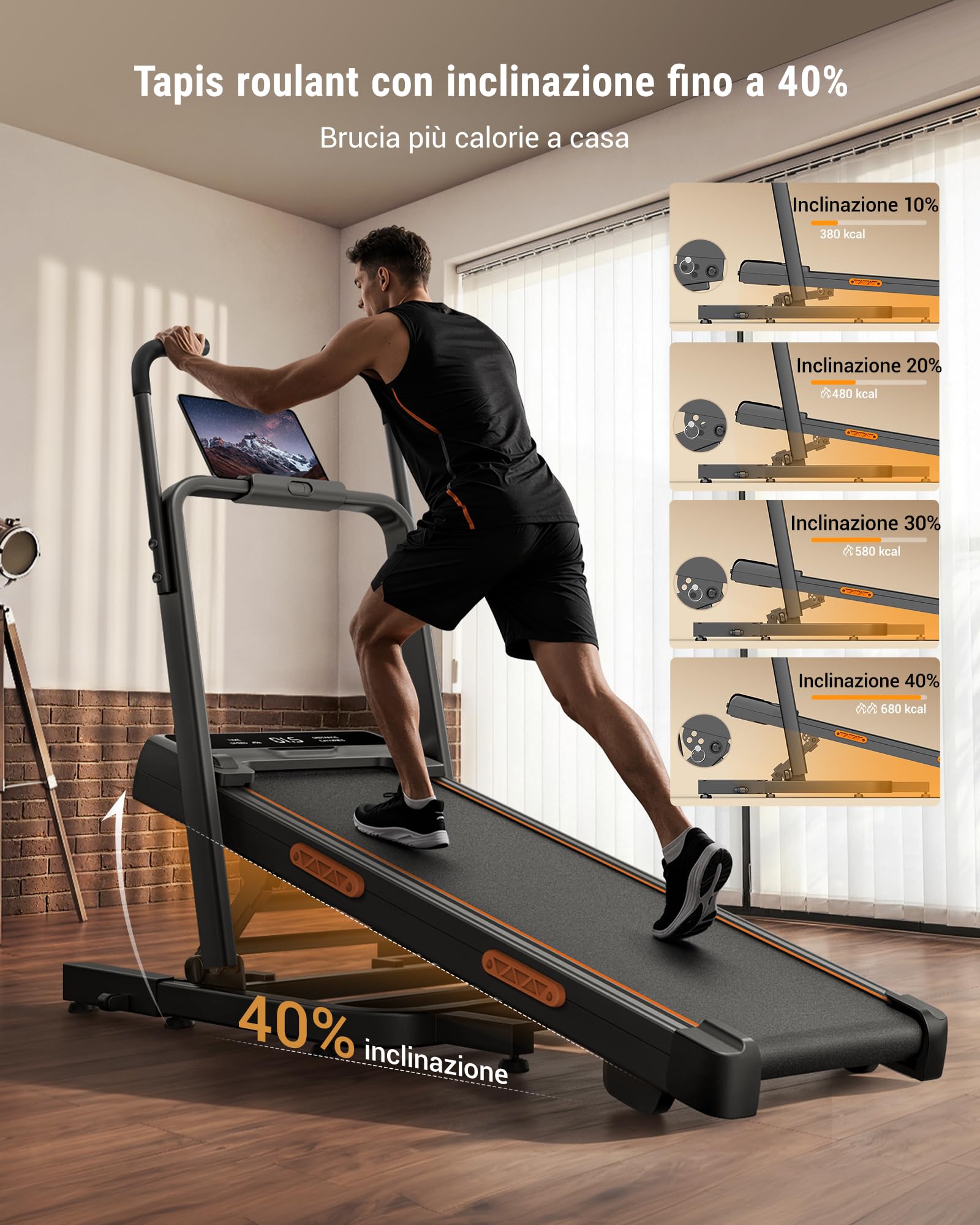 UMAY Tapis Roulant Salvaspazio Inclinabile 40%, Walking Pad 10 km/h Nero | Corrimano extra lungo 130 cm, tapis roulant pieghevole e compatto 15 cm, funzionamento silenzioso per casa e ufficio