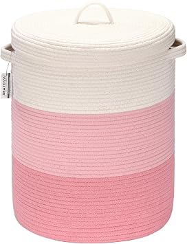 Sea Team Large Size Cotton Rope Woven Storage Basket with Lid, Lidded Laundry Hamper with Handles, Fabric Bucket with Cover, Clothes Toys Organizer for Kids Room, 16 x 20 inches, White & Pink
