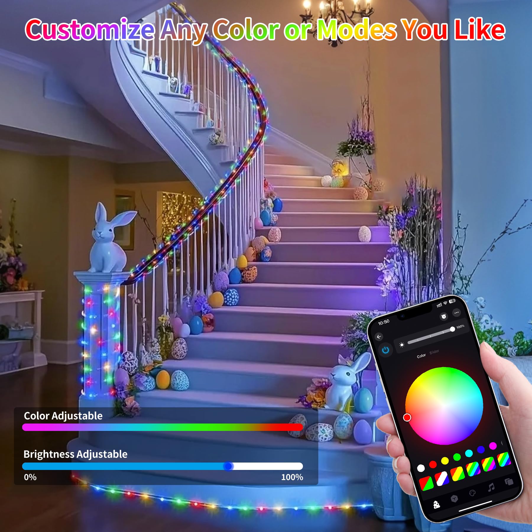 Guirnalda de luces para exteriores que cambian de color, 49 pies, 150 LED, impermeable, con control remoto y aplicación, sincronización de música, iluminación navideña para exteriores