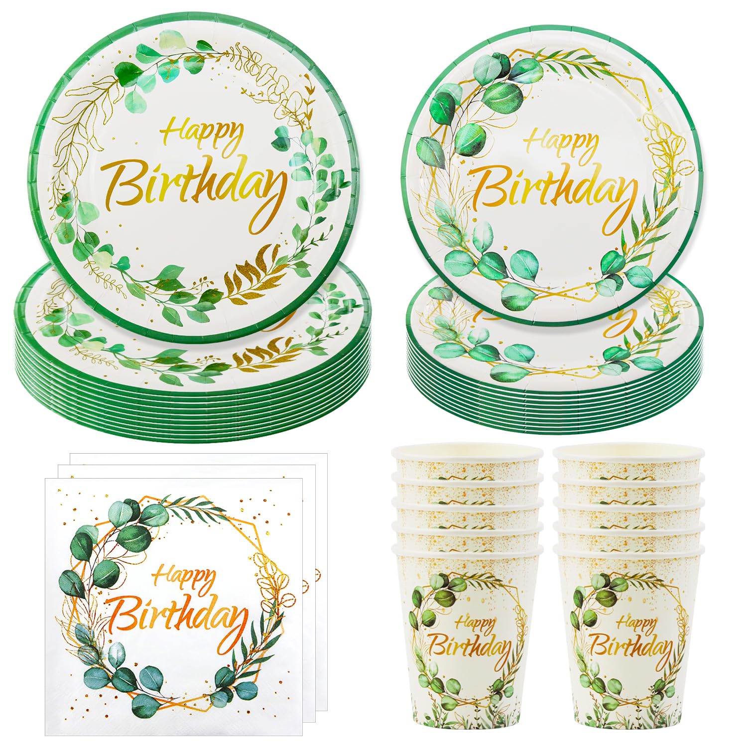 Hmfmdy Eucalyptus Tableware Set, 50 Pieces Party Decoration, Birthday Tableware with Plates, Cups Napkins Cardboard, Table Supplies for Engagement Girl Boy 10 Guests