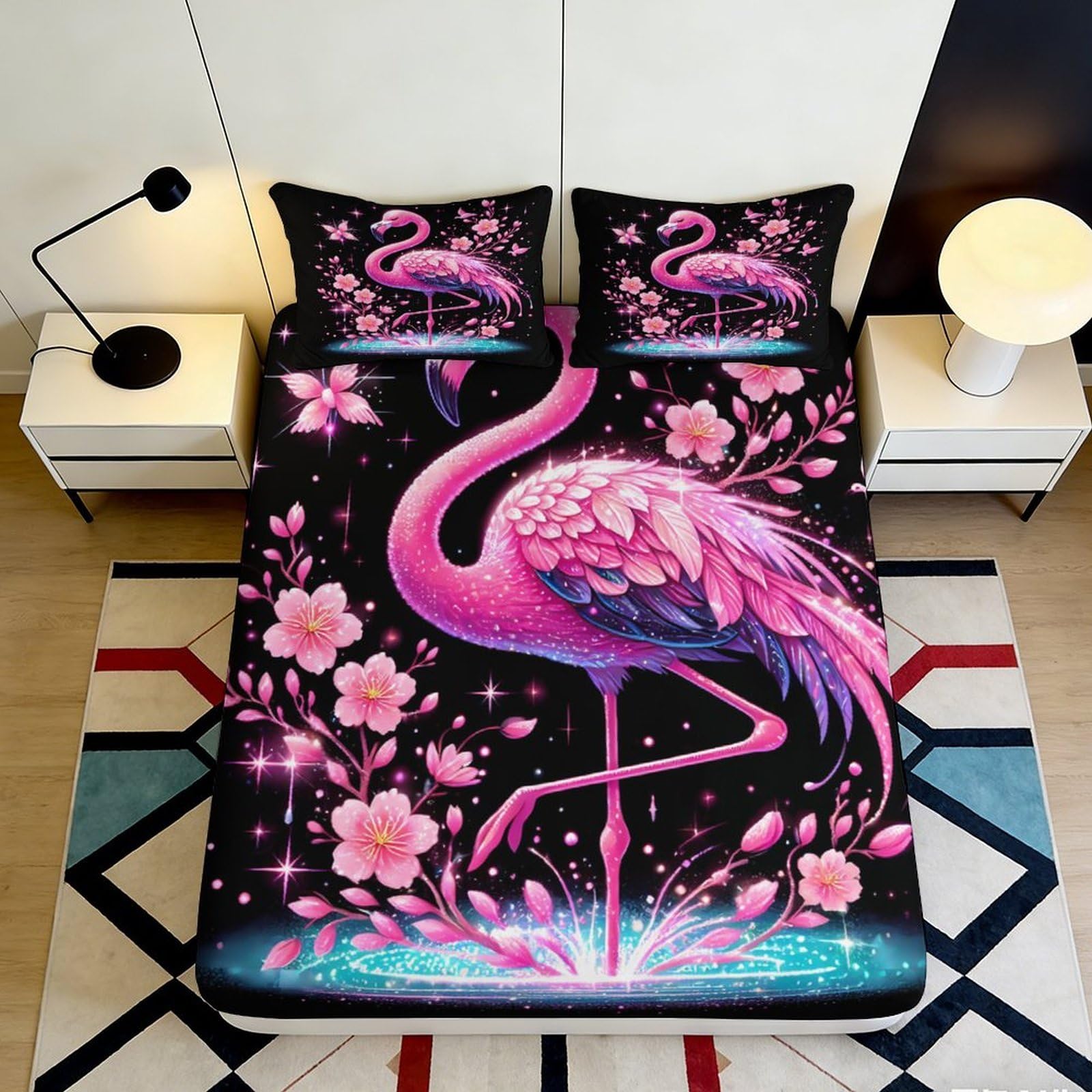 3D Printed Pink Flamingo Blossom Fitted Sheet Microfiber Soft Bed Cover Bedroom Decor Machine Washable 90x200x25cm