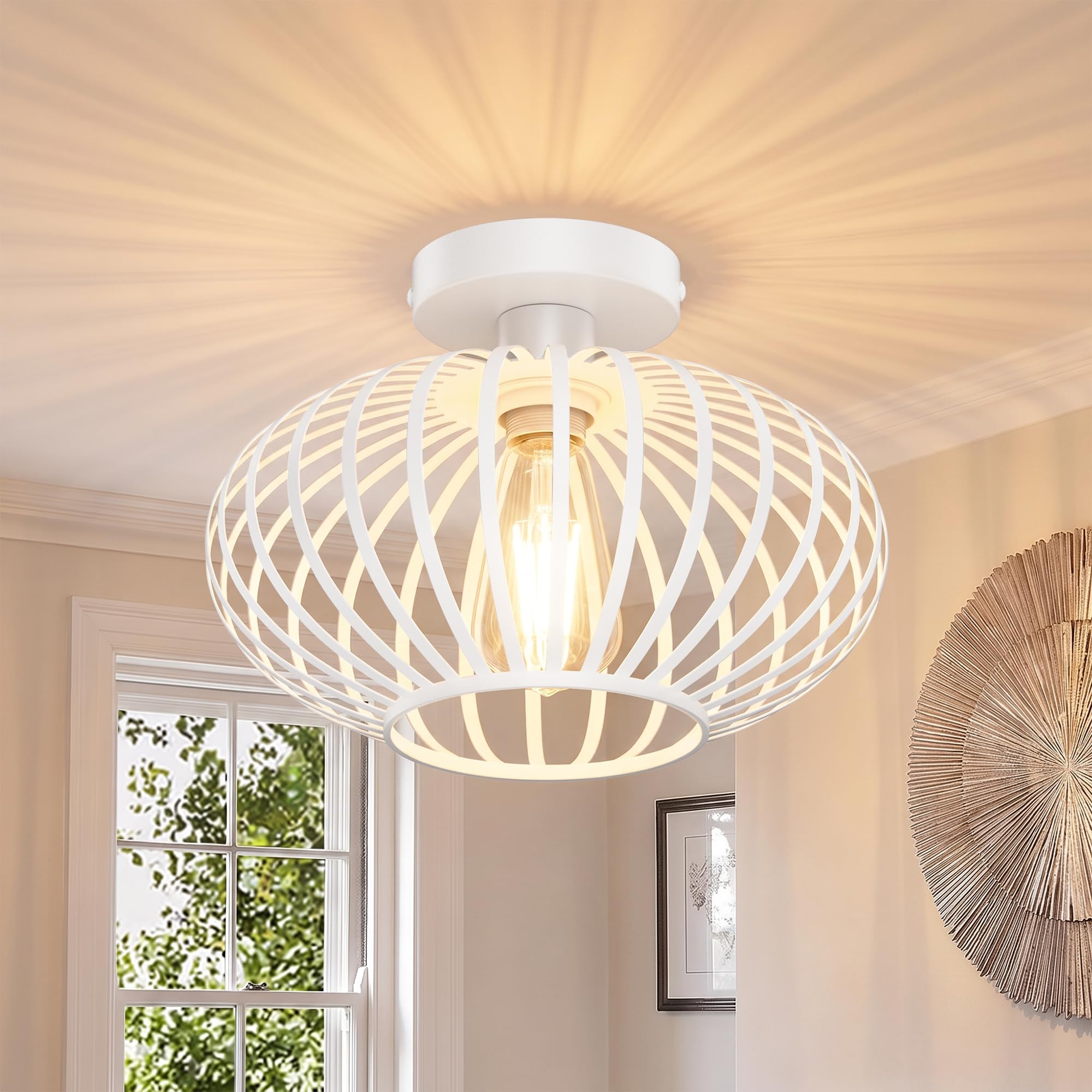 Aipsun Lampada da Soffitto,Luce da Soffitto Vintage in Stile Industriale in Metallo con Attacco E27, Lampadario a Plafone per Cucina, Corridoio(Bianco, Rotonda, Senza Lampadina)