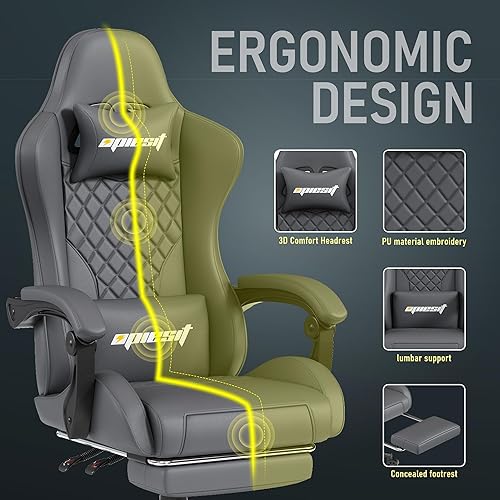 Miniatura 5 de Silla de juegos, sillas ergonómicas de computadora para adultos con reposapiés, silla de oficina de piel sintética con soporte lumbar ajustable y