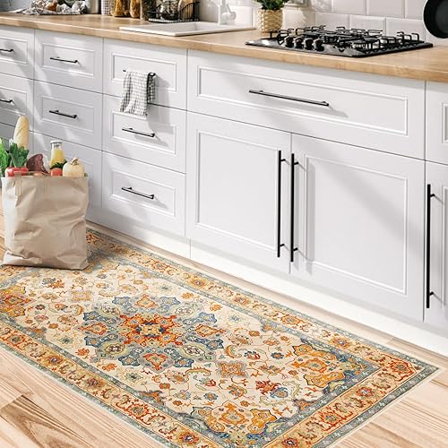 Miniatura 4 de COMSLE Alfombra bohemia de 2 x 4 pies, lavable a máquina, para entrada, lana sintética, alfombra pequeña, alfombra envejecida, antideslizante, para