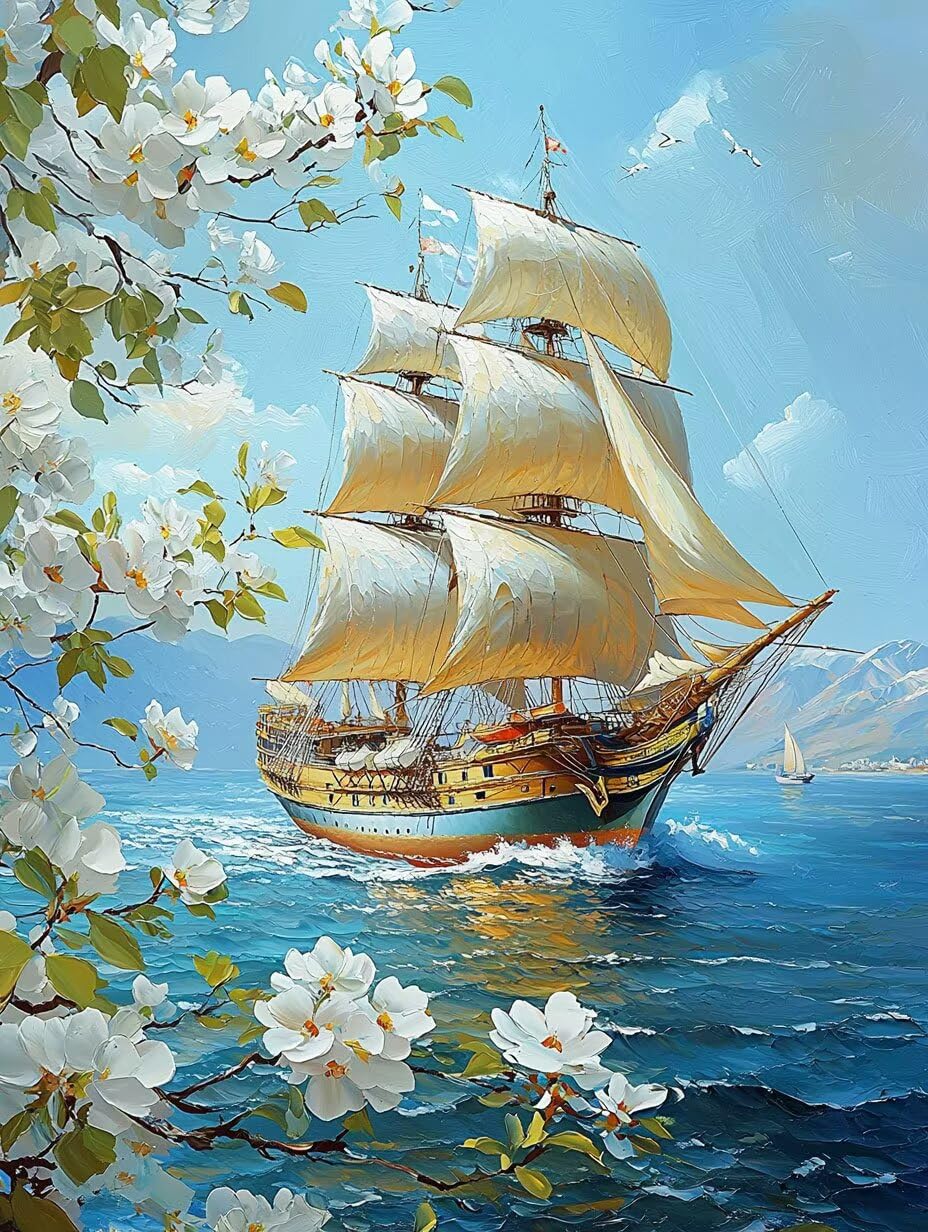 WEISHIWE Dipingere con i Numeri Adulti Barca a vela e fiori, 80x100cm s-217 | Paint by Numbers Kit con Pennelli e Acrilico Pigmento, Fai da te Olio La Pittura di Numeri Kit, Decora la Casa, senza Cornice
