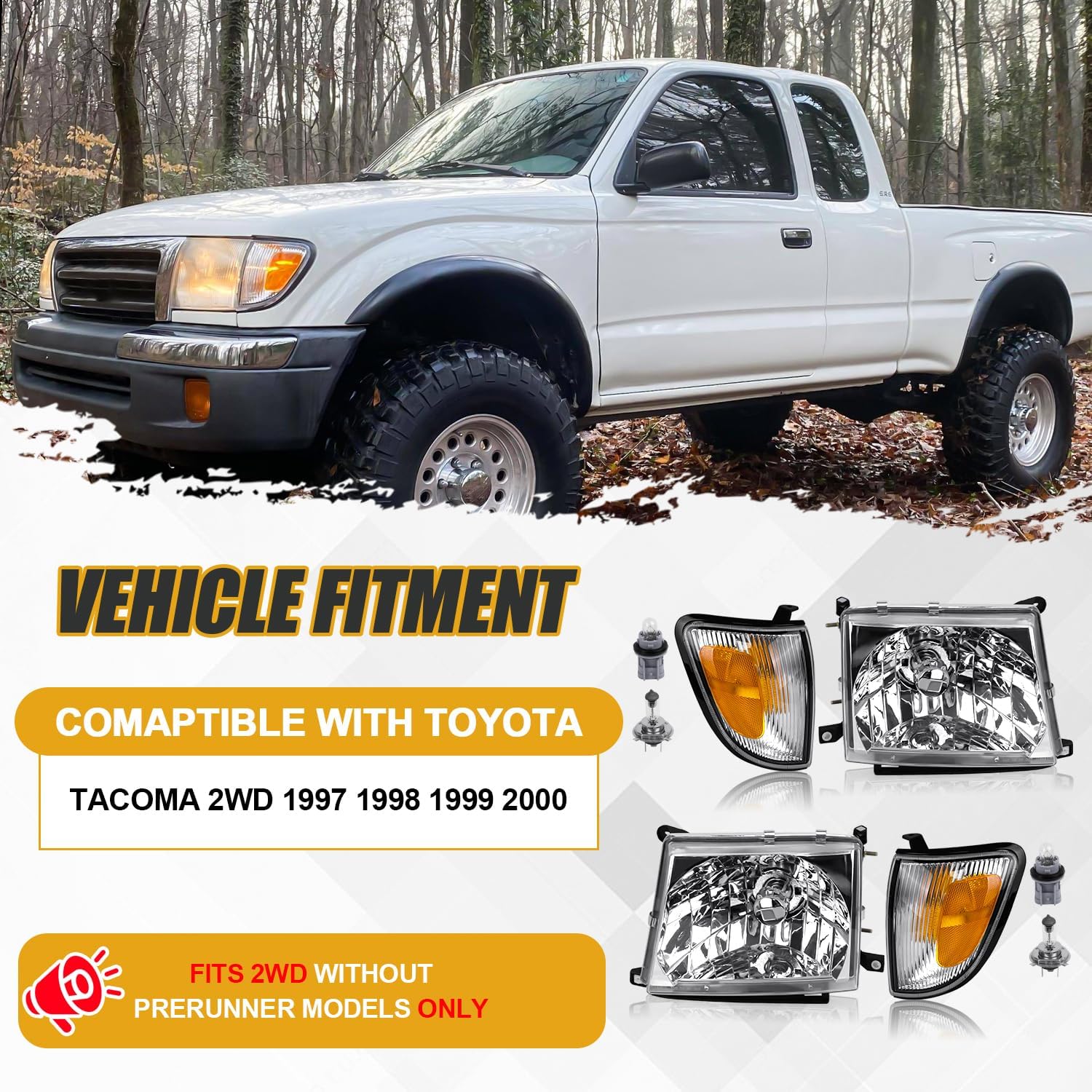 Headlight Assembly with Corner Lights Compatible with Toyota Tacoma 1997-2000 2WD Without PreRunner Models ONLY, Halogen Headlamp for 81110-04090 81150-04090 81610-04060 81620-04060, Chrome Set