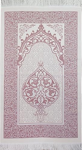 Miniatura 4 de Tapete de oración islámico de felpilla tejida fina y tafetán turco Sajadah diseño intrincado tapete otomano metálico blancoazul  blancorosa