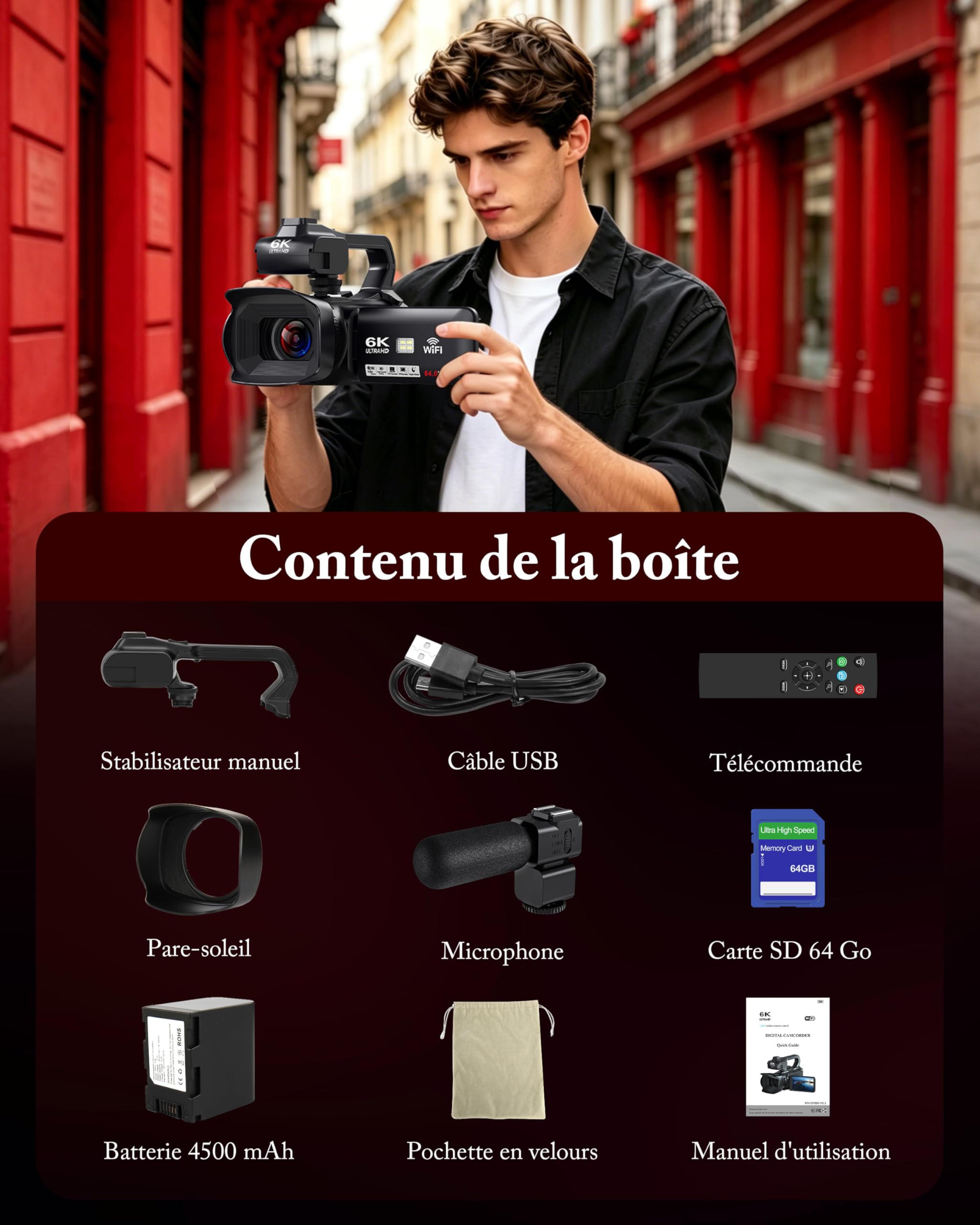 Caméscope 6K 64MP WiFi Vision Nocturne Infrarouge 18X Zoom Numérique avec Pile 4500mAh, Carte SD 64 Go