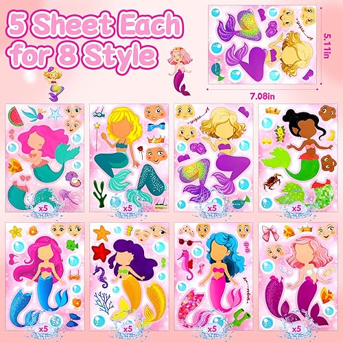 Miniatura 2 de 40 hojas de calcomanías de sirena, haz tus propias calcomanías de sirena, suministros de manualidades con temática de sirena, recompensas para el