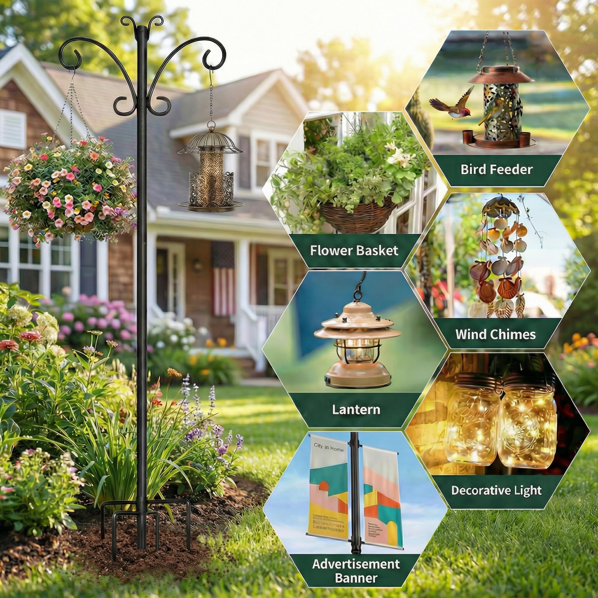 Hoofun Set di 2 ganci da giardino, 234 cm, mangiatoia per uccelli | Tubo in metallo da 19 mm, per esterni, con testa a farfalla e picchetto rinforzato per lanterne