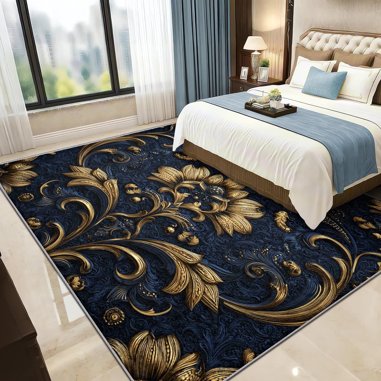 Generico Tappeto Soggiorno Moderno a Pelo Corto 140x200 cm Lavabile in Lavatrice Fiori Dorati Europei Tappeto Morbido e Antiscivolo per Camera da Letto, Ufficio e Corridoio, Blu Scuro Tappeti