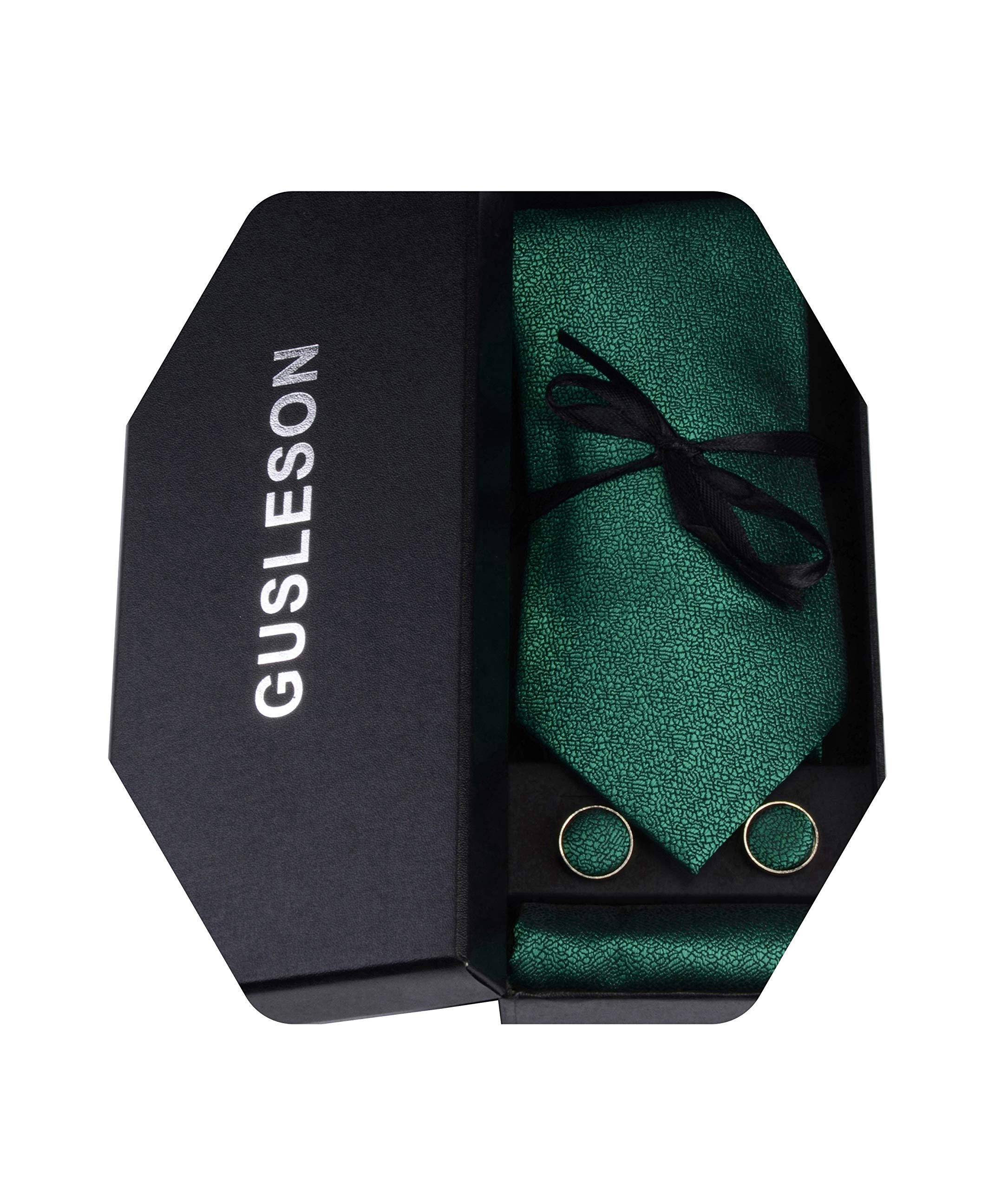 GUSLESON Mens Solid Color Tie with Hanky Cufflinks set Jacquard Wedding Necktie