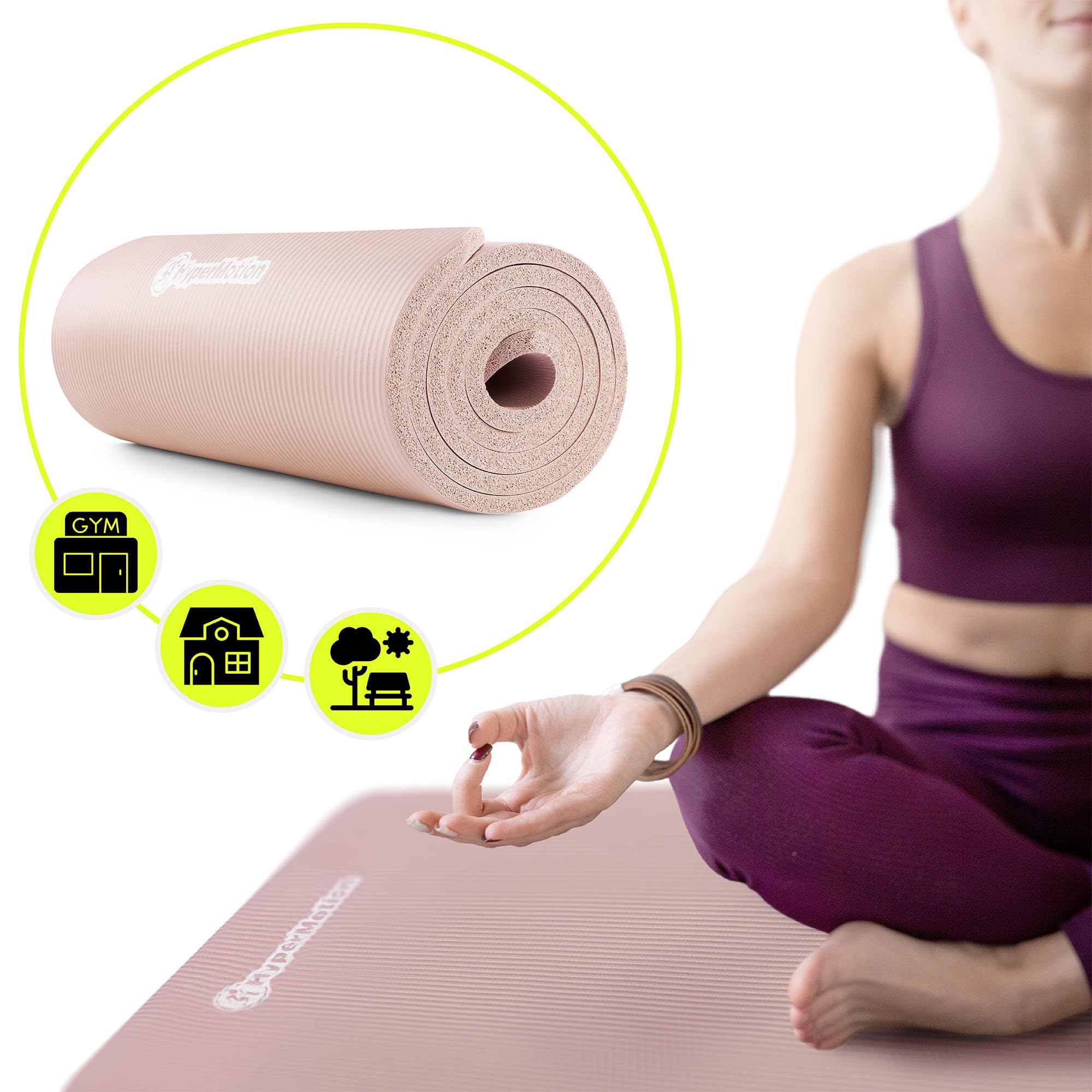 HyperMotion Mata do Ćwiczeń Fitness i Jogi NBR 183x61x1,5 cm Brudny Róż, Antypoślizgowa 15 mm, z Paskiem do Ćwiczeń i Przenoszenia, Gruba Mata do Jogi, Pilates i Stretchingu