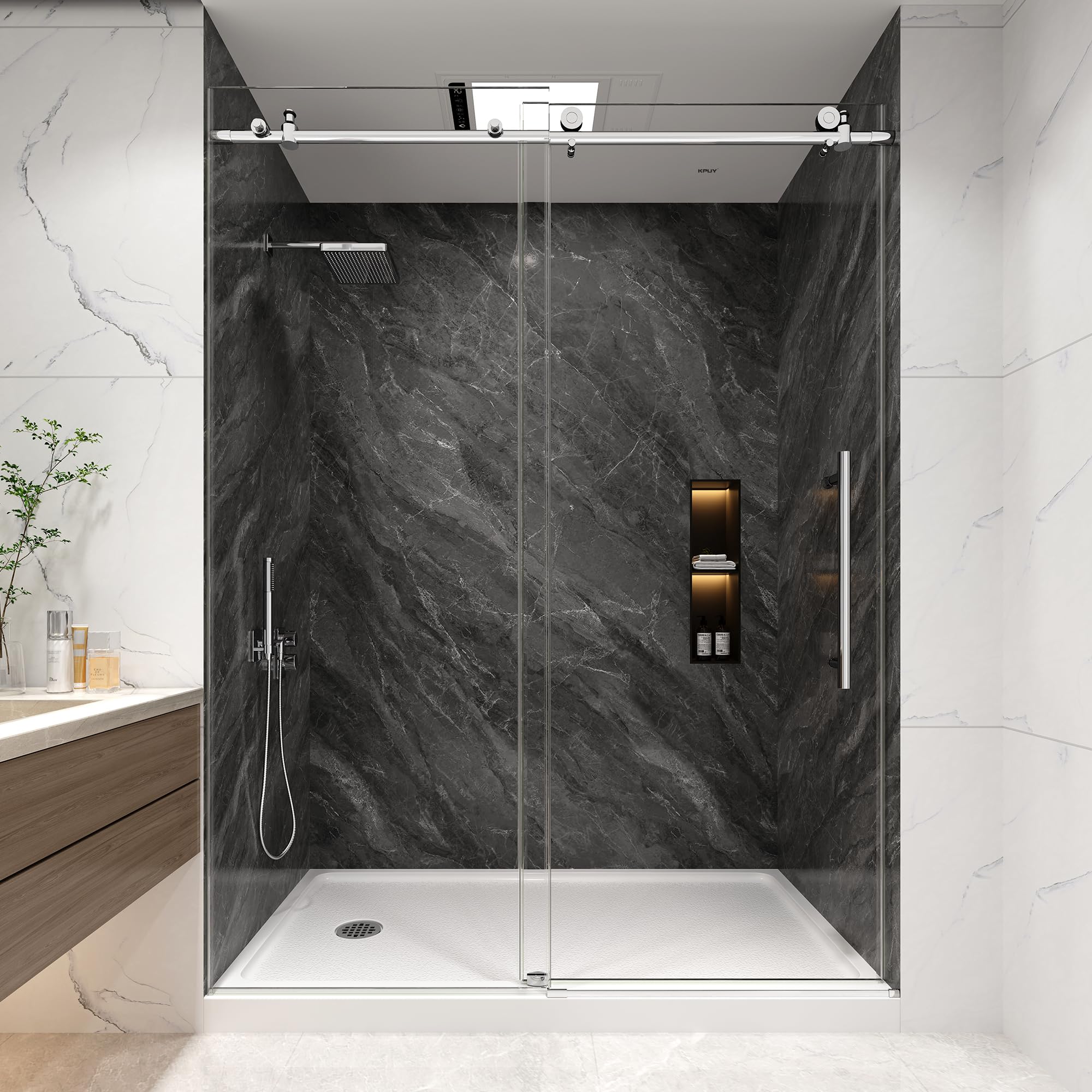 Photo 1 of ** Damaged frame bracket ** KPUY Frameless Shower Door, 55-60" W x 76" H Sliding Glass Shower Door, 1/4" (6mm) Thick Tempered Clear Glass with Explosion-Proof Film Nano Coating, Stainless Steel Hardware, Chrome