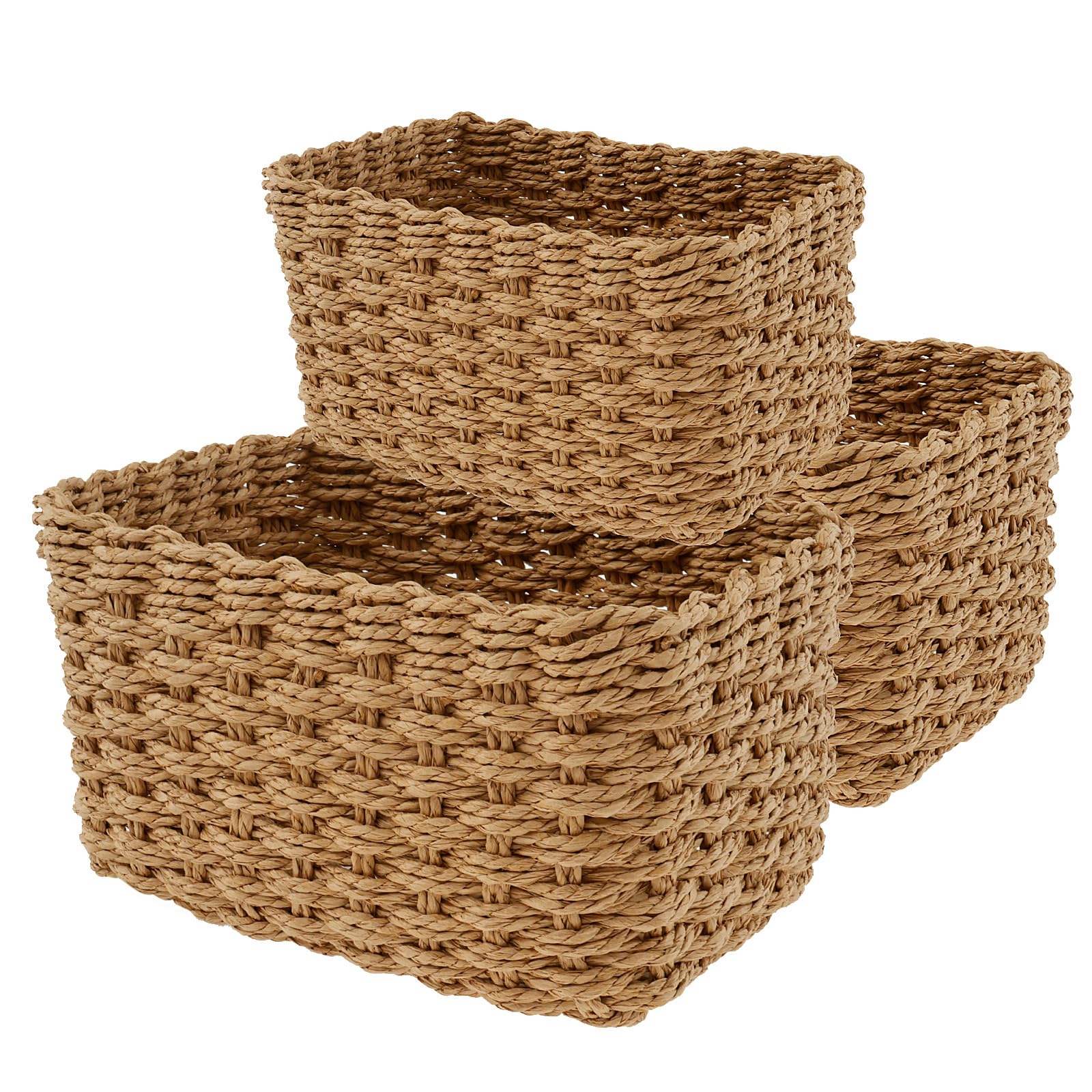 Yunyouc Khaki 3Pcs Woven Baskets For Organizing, Decorative Woven Storage Basket, Small Grass Hamper, Multifunctional Toy Basket For Nursery Living Room Laundry Room Bedroom(Khaki)