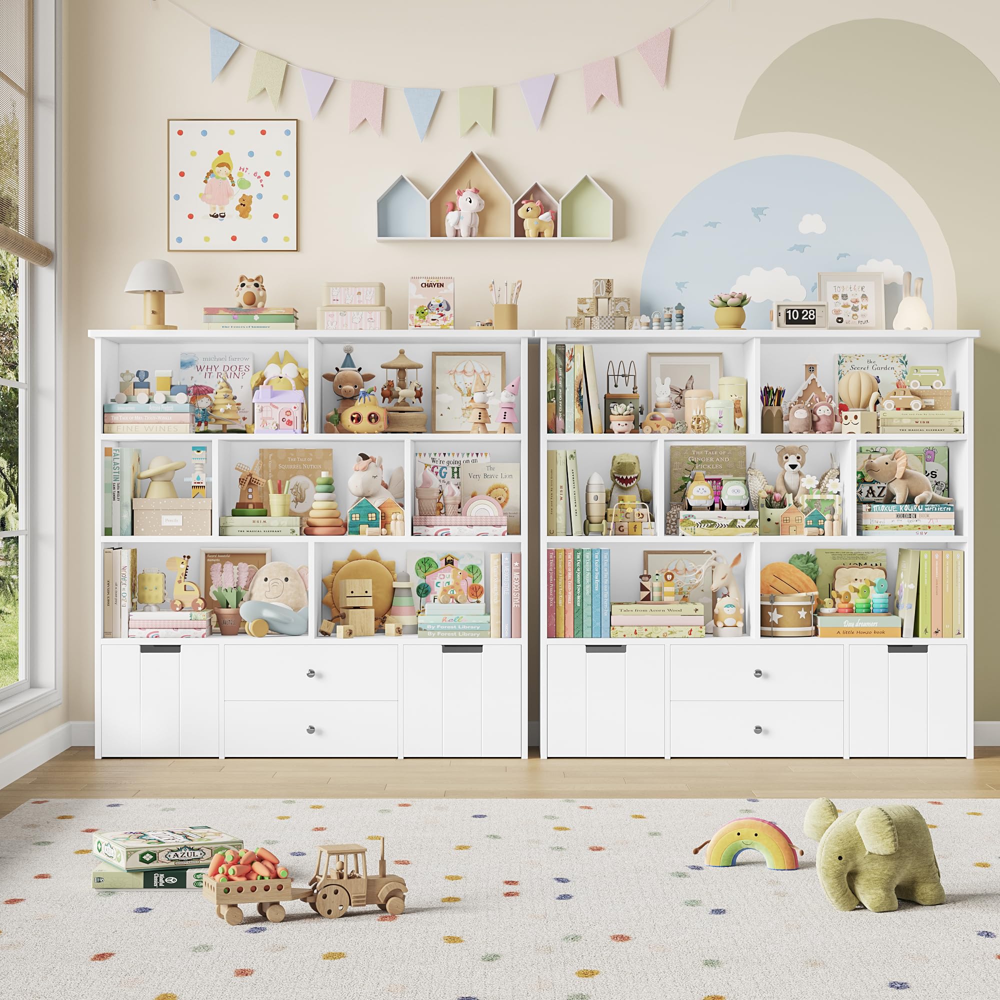 FOREHILL Estanteria Montessori Infantil Mueble Almacenaje Juguetes, Mueble Organizador Juguetes, con 4 Cajones, 7 Compartimentos Abiertos, para Habitación Infantil, Salón, Blanco 125x33x120 cm
