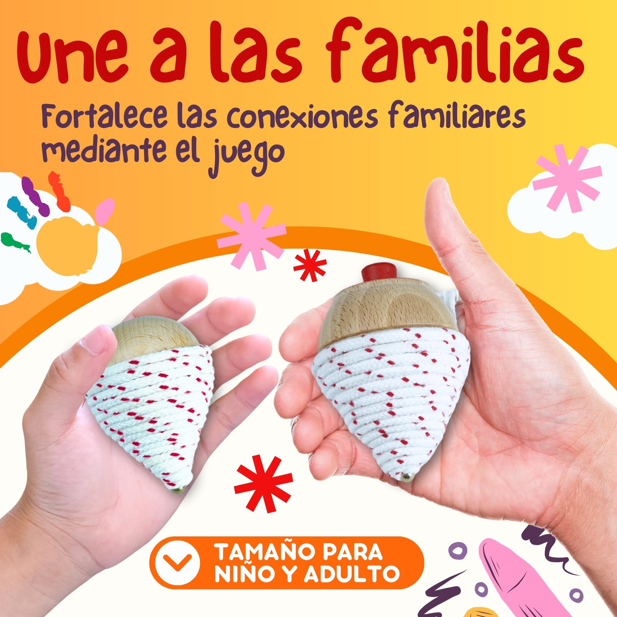 AF® - Peonza Madera, Set 2 Peonzas Niños + 6 Ceras de Colores para Niños + 2 bolsas transporte y 2 arandelas para la cuerda | Personaliza tu Trompo de Madera Tradicional — view 5