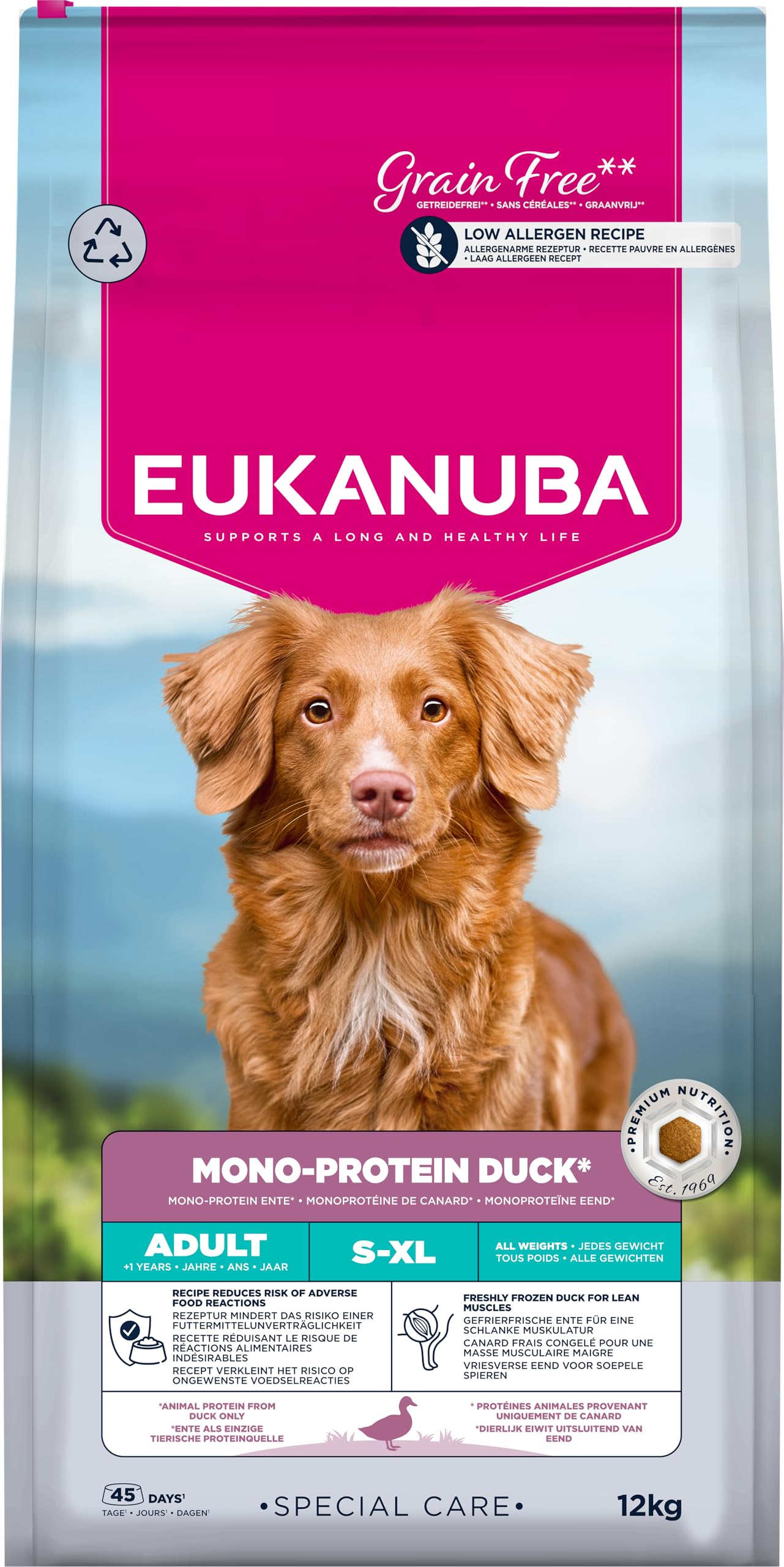 EUKANUBA Mono-Protein Pato- Alimento para Perros - Alimento seco Special Care con Pato como única proteína Animal, fórmula hipoalergénica, 12 kg