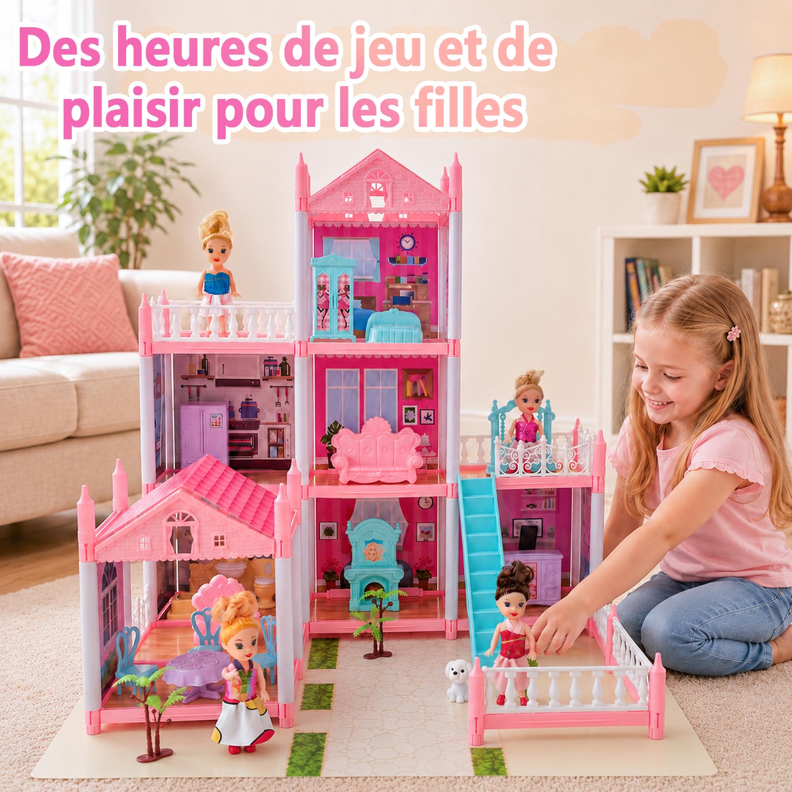 Maison de Poupée de pour Filles avec Lumières, 4 Poupées, Tapis de Jeu et Accessoires de Mobilier – Grande Maison de Poupée à Plusieurs Étages, Jeu d’Imitation, Cadeau pour Enfants dès 3 Ans