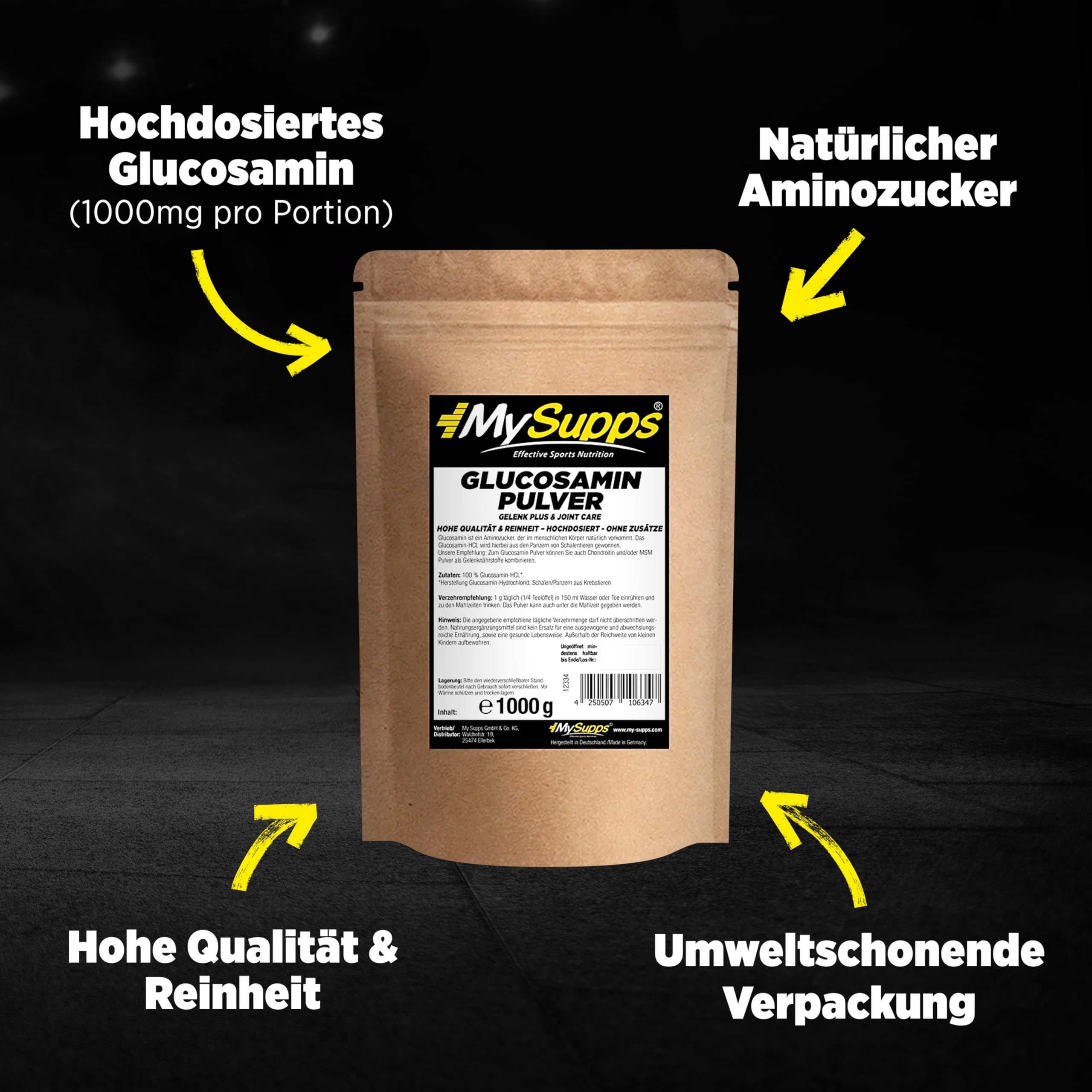 My Supps Glucosamin Pulver 1000g – 100 % reines Glucosamin-HCL – hochdosiert & ohne Zusätze – Hydrochlorid für tägliche Ergänzung – HCL-Pulver in Premiumqualität – Made in Germany