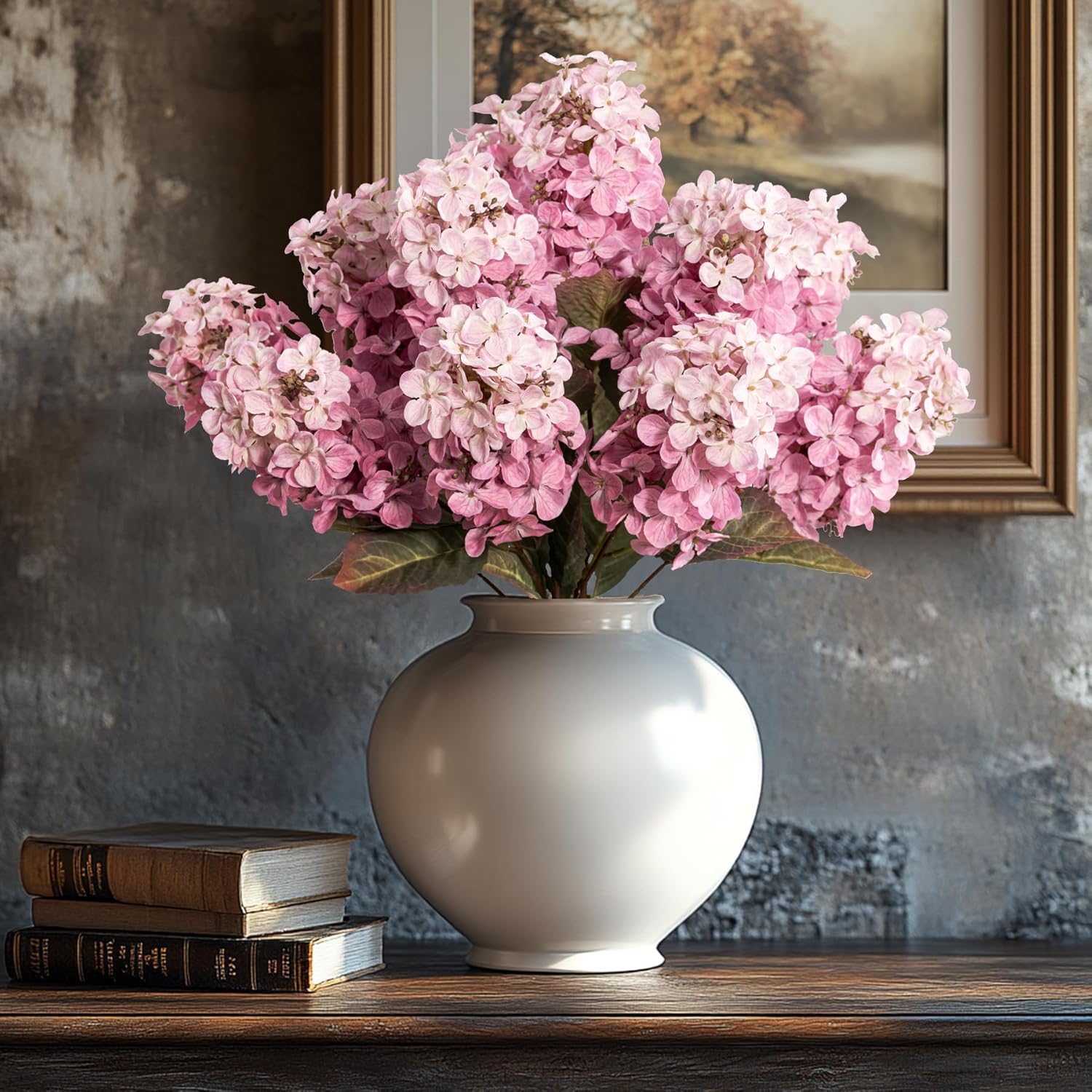 Hydrangea Artificial Flowers ,Fall Hydrangeas Artificial Flowers, Fake Fall Dried Hydrangea Decoration,Faux Silk Flower With Stems Winter Decor Indoor and outdoor(Pink 24"8pcs) Without Vase