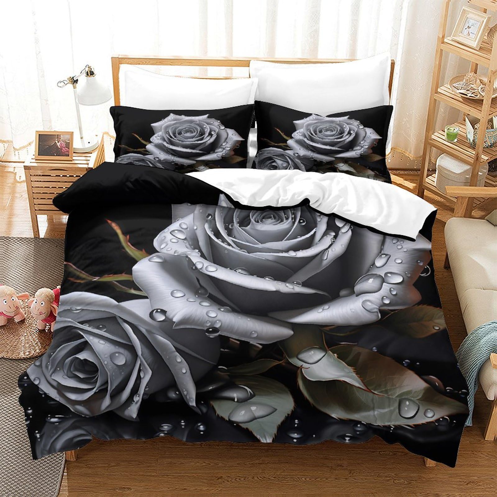 Graue Rose 3-teiliges Pflegeleichtes Polyester Digitale Kunst Stil Kinderbettbezugset, 2 Kissenbezug, Unsichtbarer Reißverschluss, Babysicher King（220x240cm）