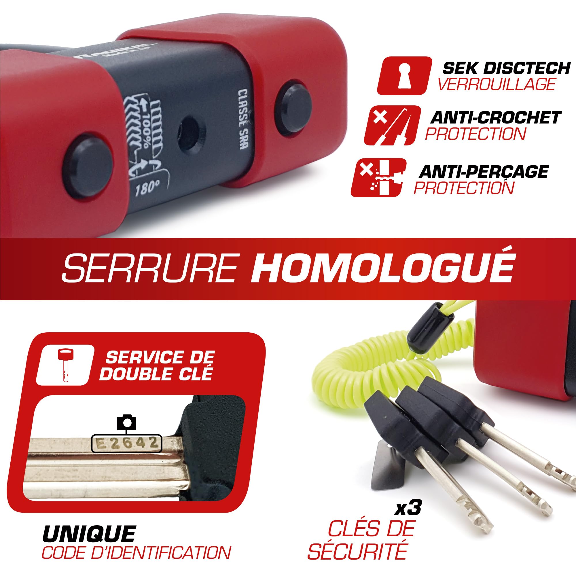 RADIKAL RK75 Antivol Moto Bloque Disque Mini U Premium Homologué SRA, Plus Dissuasif, Brutale Testé, Arc ø18mm en Acier Trempé, Double Fermeture, Cable Rappel, Bloc Frein Roue pour Moto Scooter