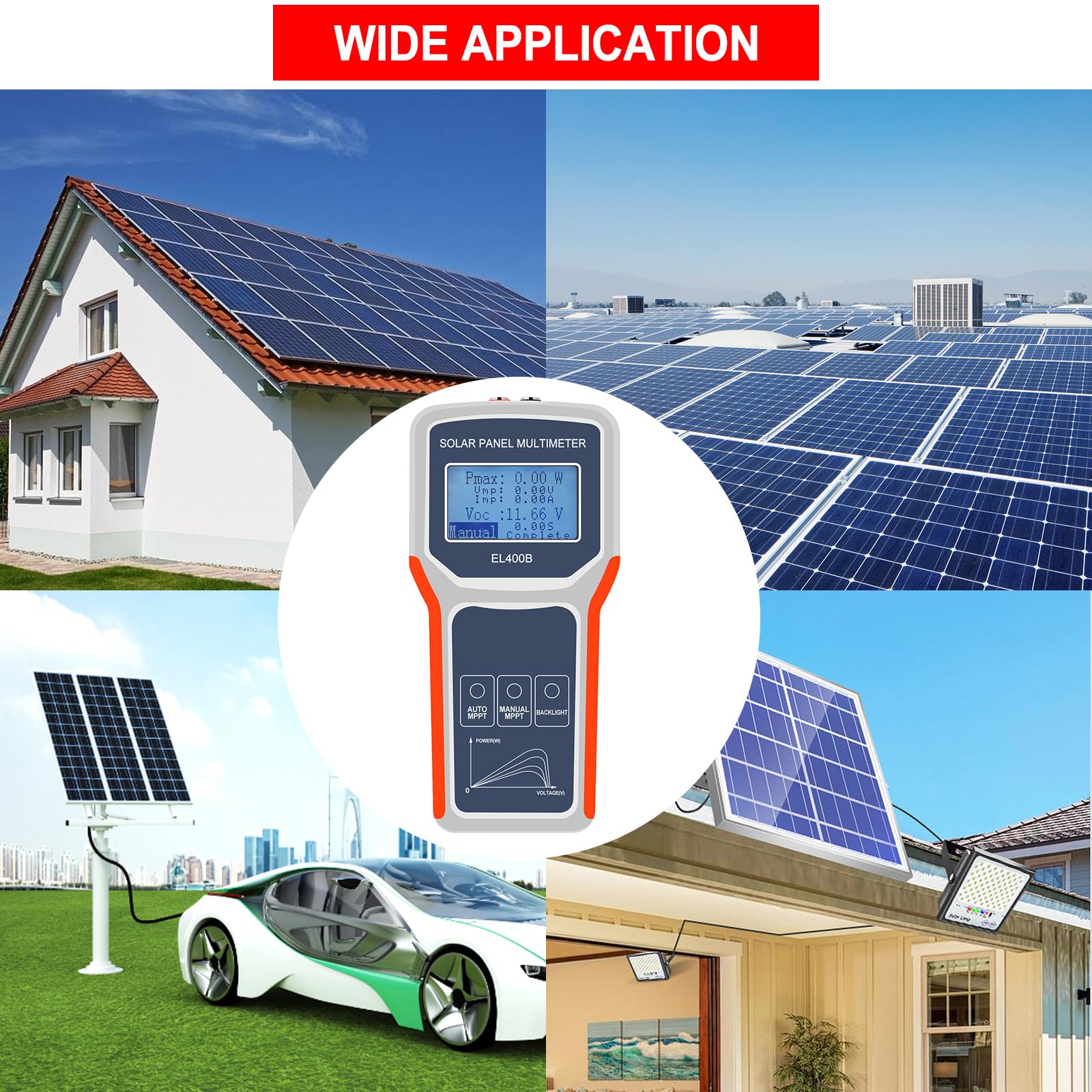 Geloo 400W Probador de Panel Solar Multímetro Fotovoltaico Panel MPPT de Mano Alimentador Automático Inteligente para la Búsqueda de Errores en Caso de Tensión sin Carga Fotovoltaicos y Solucionar