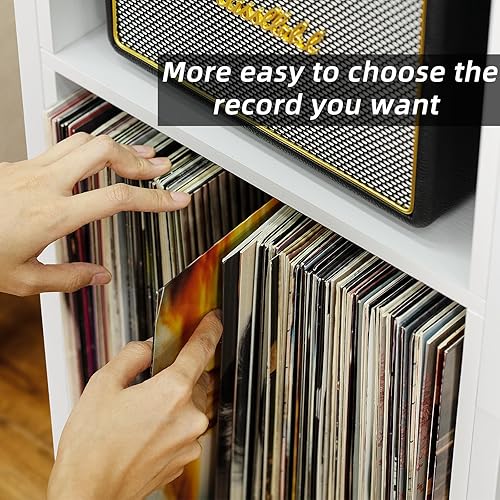Miniatura 4 de YAHARBO Soporte para tocadiscos, soporte para discos de vinilo de 3 estantes con almacenamiento, soporte para discos blanco, soporte para tocadiscos