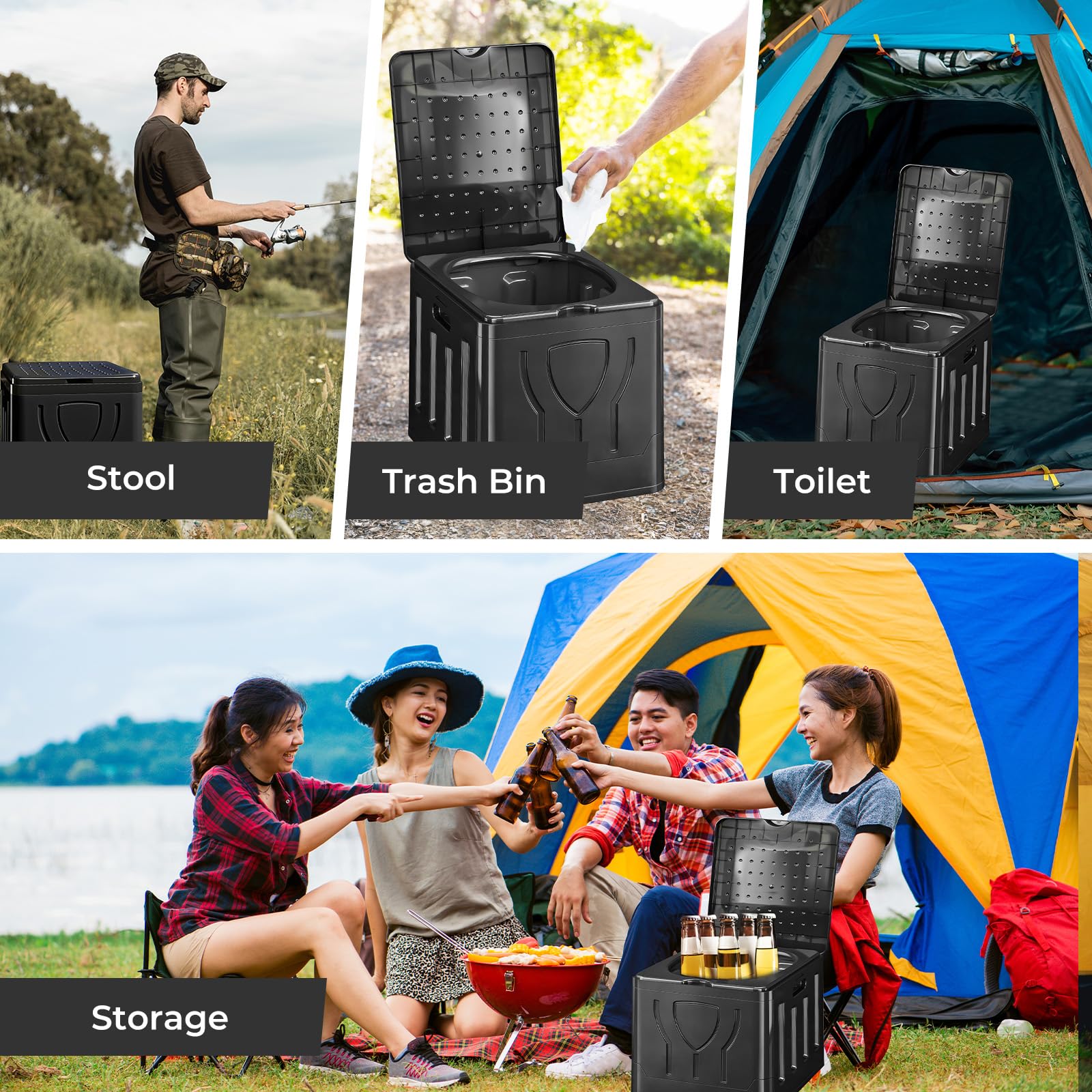 WC Portatile Pieghevole 20L con Sacca, Sacchetti e Sedile – WC da Campeggio Chimico per Adulti, Cesso Portatile per Camper, Viaggi, Emergenza, Bagno Esterno Compatto (Nero)