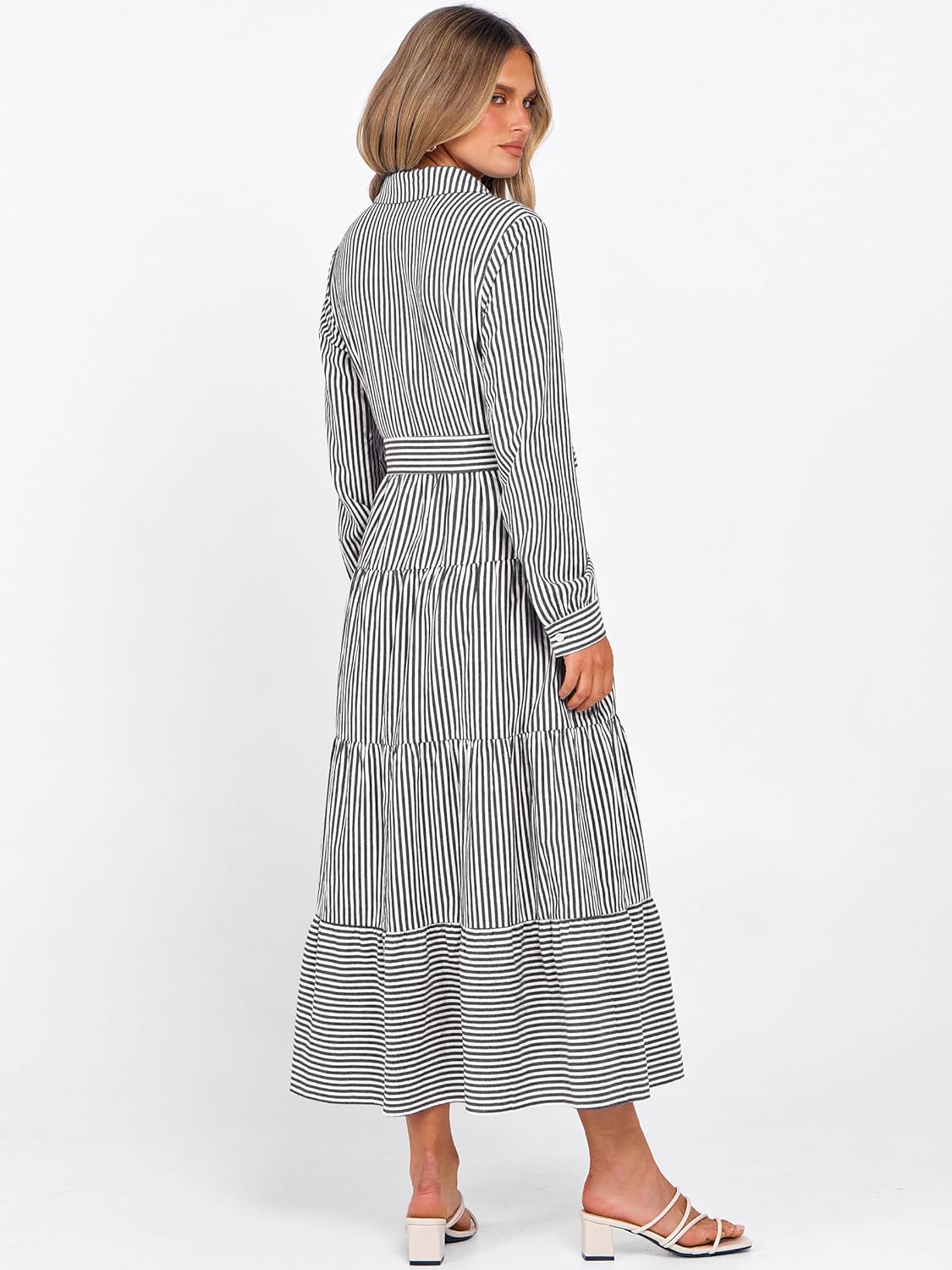 Caracilia Women Long Sleeve Maxi Dress 2026 Spring Casual Button Down Striped Plaid Tie Waist Shirt Dresses Vacation Outfits - Image 5