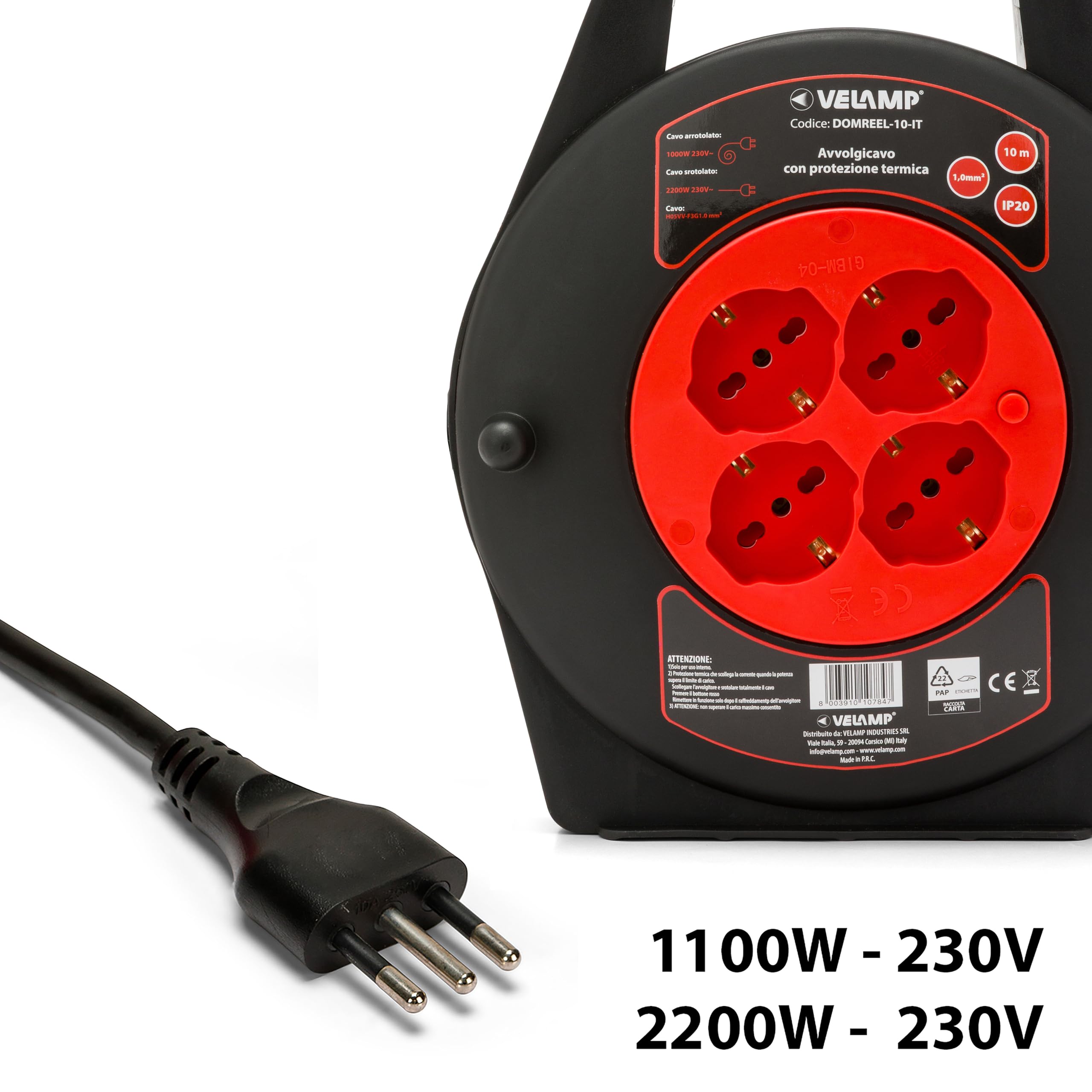VELAMP - Prolunga Elettrica 10 Metri con Avvolgicavo Elettrico e Presa Multipla (4 Prese Schuko + 10/16A), Spina Grande 16A, Interruttore di Sicurezza – Cavo Elettrico Multipolare 3G Sezione 1,0 mm²