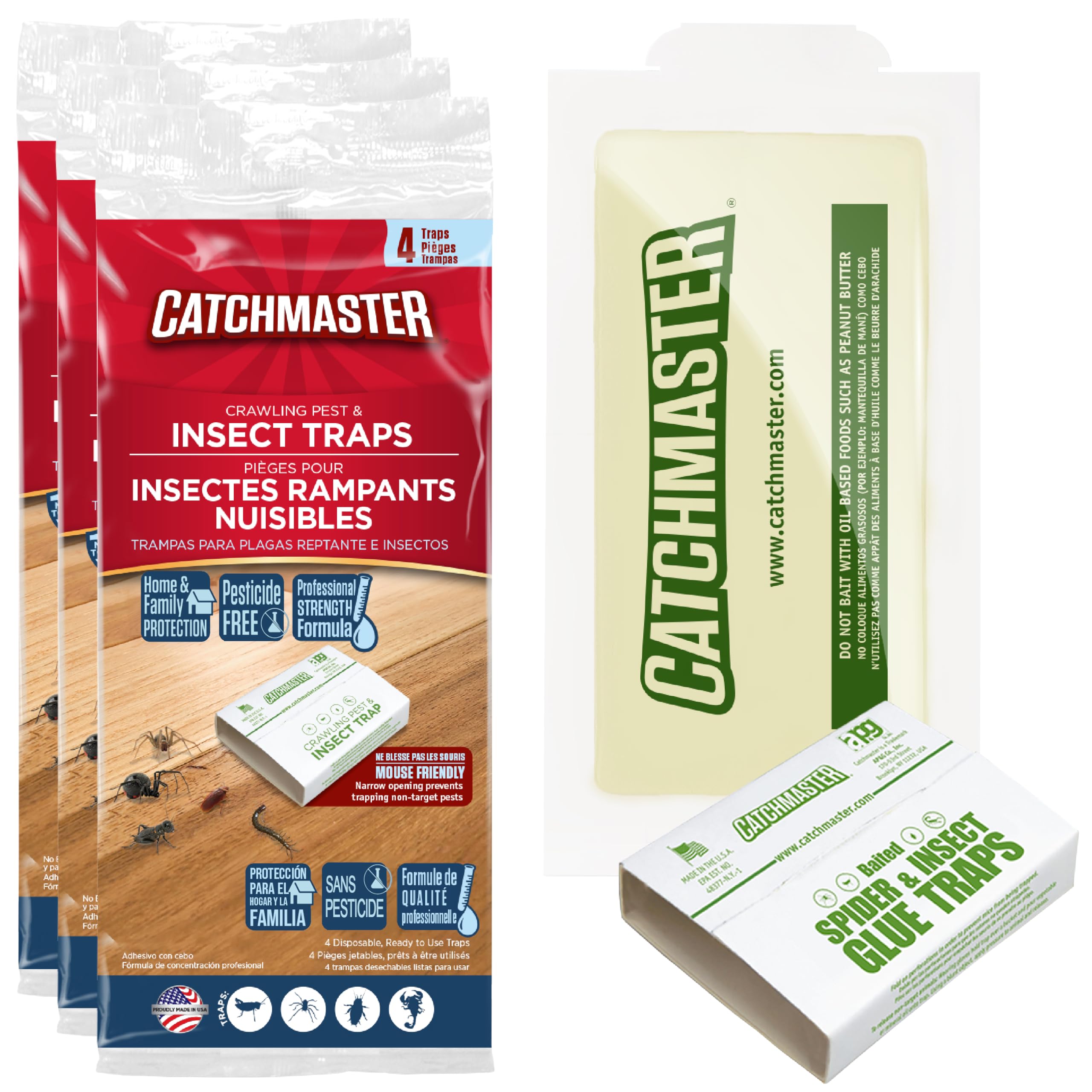 Catchmaster Crawling Pest & Insect Glue Traps 12-Count (3 Packs of 4), Insect Traps Indoor for Home, Pest Control Glue Boards, Adhesive Tray for Bugs, Spiders, Crickets, Roaches, & Ants