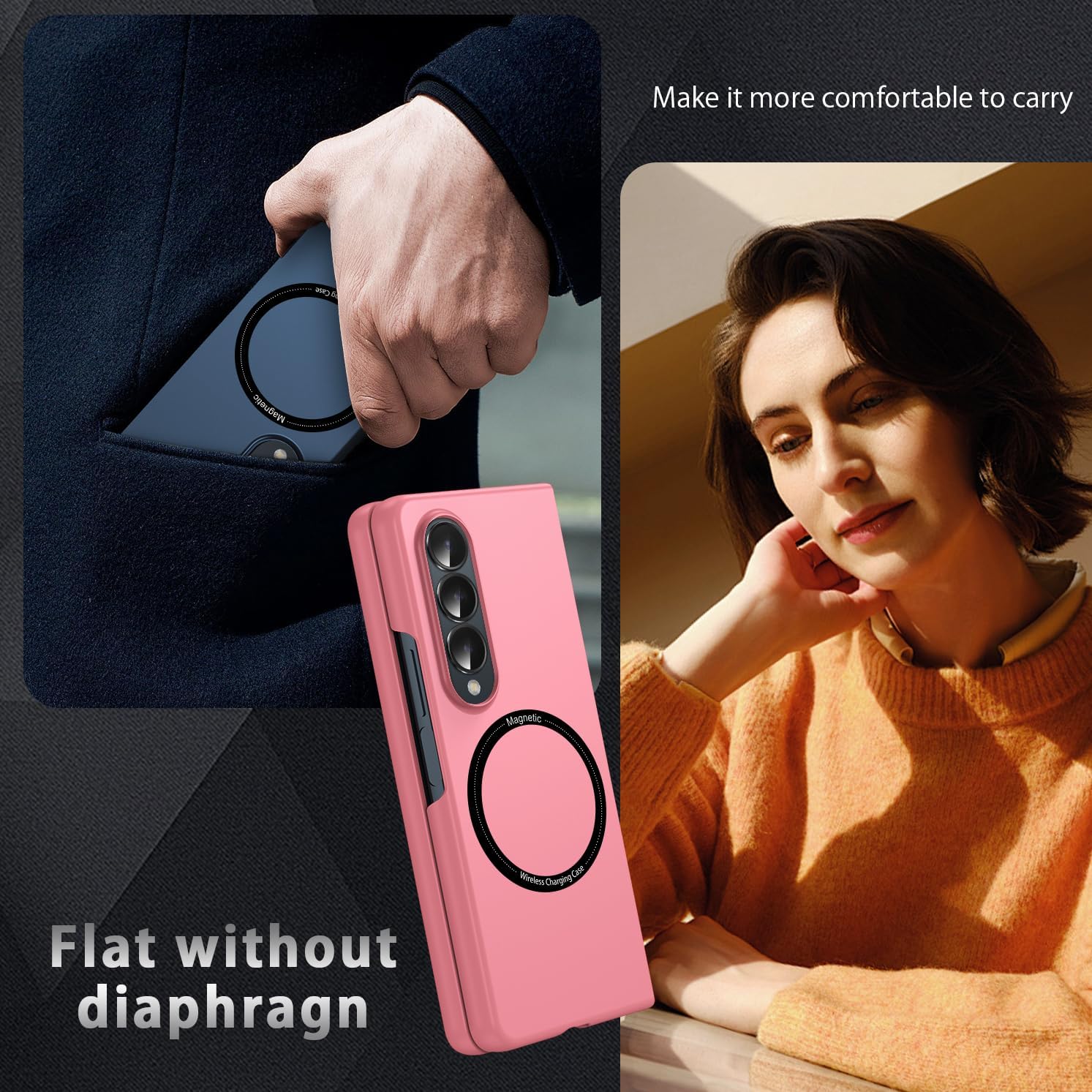 Magnetic for Galaxy Z Fold 4 5G Case,Lightweight,Slim Fit Drop Protection Rugged Shockproof Cover for Samsung Galaxy Z Fold 4 5G, Hard PC Shockproof Protective Phone Pink 18-Z Fold4-13