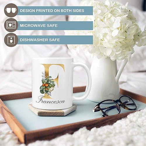 Miniatura 4 de Personalized Monogram Mug with Name - Floral Gold Letter Coffee Cup - Custom Ceramic Gift for Women, Bridesmaids, or Friends - 11oz or 15oz White or