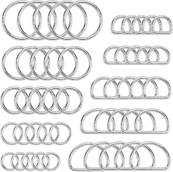 Hysagtek 50 pcs Metal O Ring and D Ring, Non-Welded Metal Rings Multi-Purpose Buckles for Bag Straps, Belts, Macrame, Pet Collar Leashes - Silver 15mm, 20mm, 25mm, 32mm, 38mm