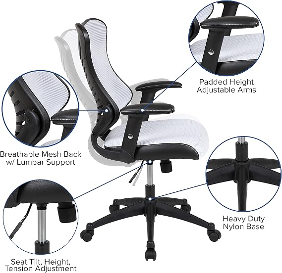 BizChair High Back Designer White Mesh Executive Ergonomic Office Chair - Adjustable Arms