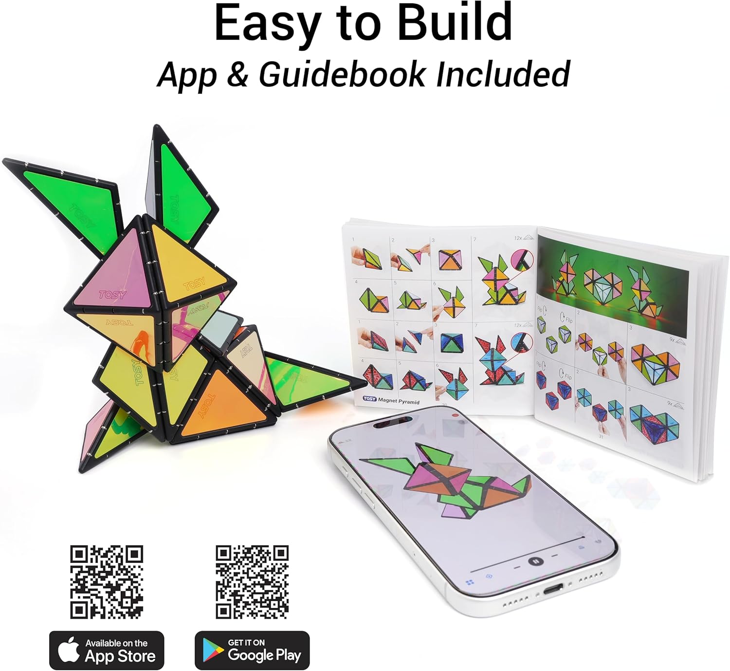TOSY Magnet Pyramid Glow - 1 Cube Transforms into 1 Billion Shapes (Bunny, Egg Basket, Flowers, Heart), Easter Birthday Gift, 12 pcs, 243 Magnets, Glowing, Holographic Design, Puzzle/STEM Toy - Image 11