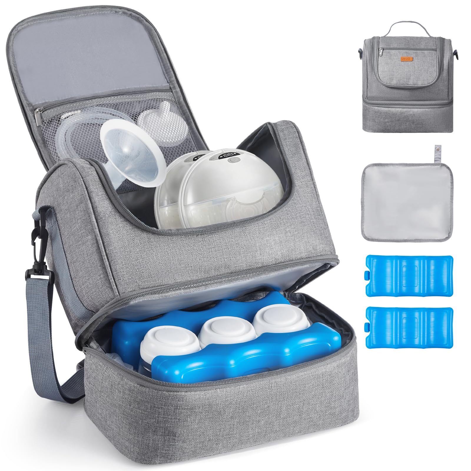 VEVOR Sac pour Tire-Lait S1/S2 Sac Isotherme Conservation Lait Maternel Portable avec Pain de Glace, Bandoulière, Tapis Imperméable, Étui Transport pour Stockage Biberons Lait, Travail, Voyages, Gris