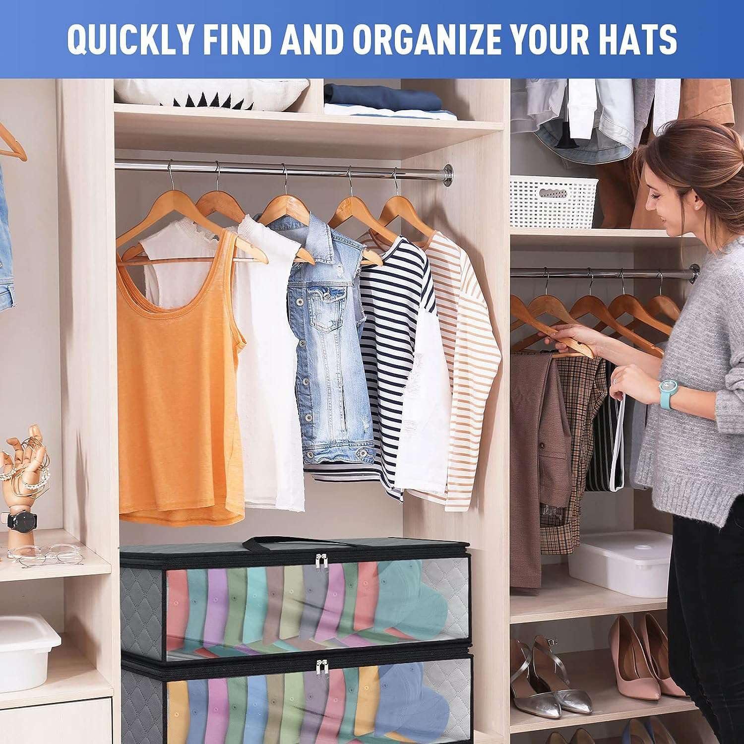Kqcibz 2 Pack Caps Hat Organizer Case Hat Holder Rack with 2 Carry Handles for Closet Moisture