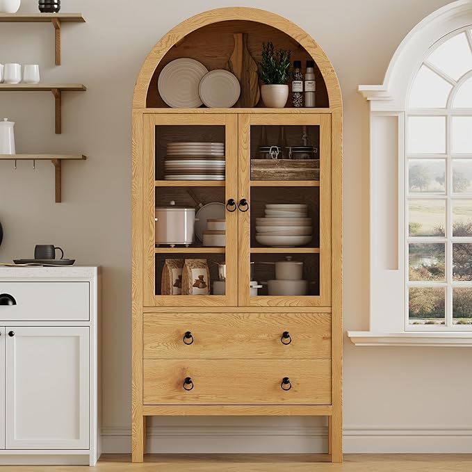 Wood Arched Cabinet - Farmhouse Arch Display Bookcase Hutch with 2 Large Drawers and Adjustable Shelves, Versatile Storage Furniture for Living Room Dining Room Bathroom, Natural